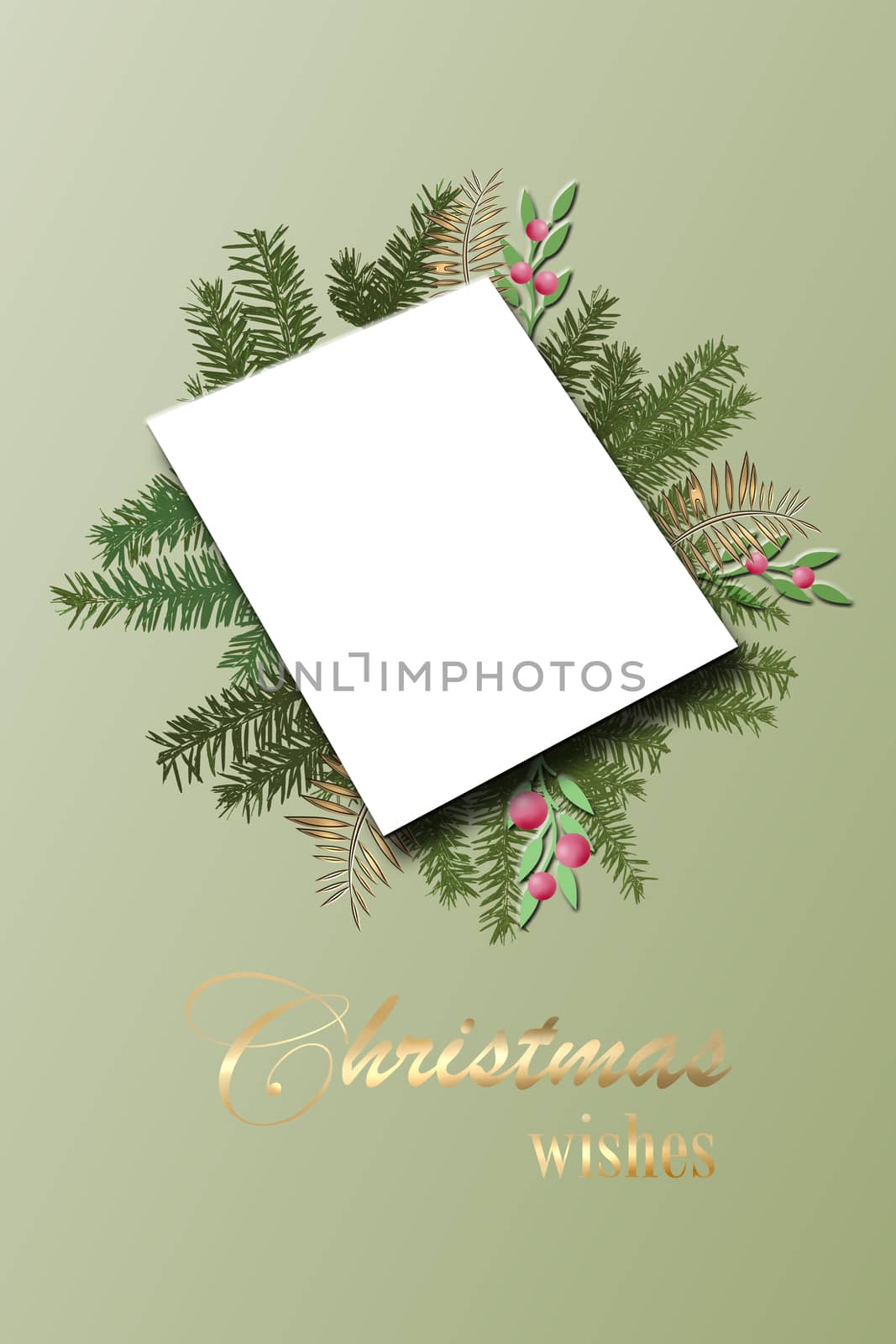 Elegant Merry Christmas abstract green foliage card with paper frame banner in pastel colors. Beautiful festive greeting design. Flat lay, mockup. Gold text Christmas wishes. 3D illustration