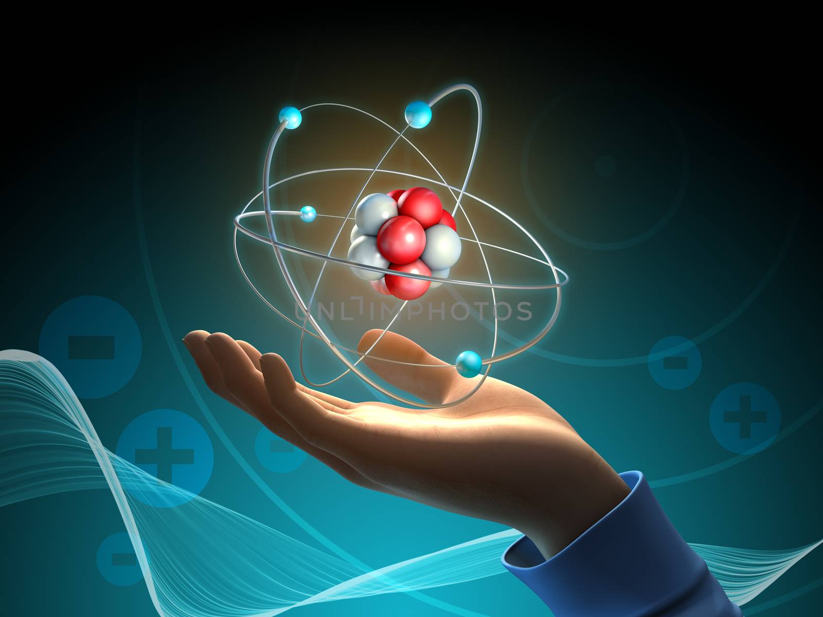 Conceptual image about the atom as a source of energy. 3D illustration.