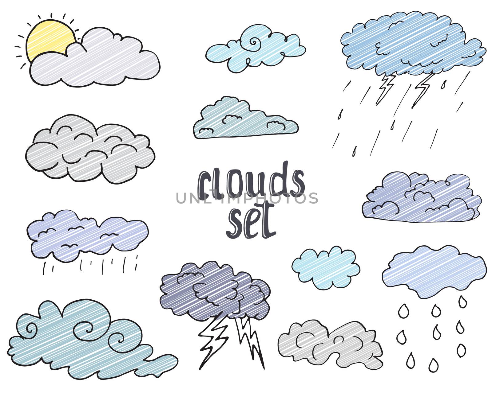 Hand drawn Doodle set of different Clouds, sketch Collection  vector illustration isolated on white.