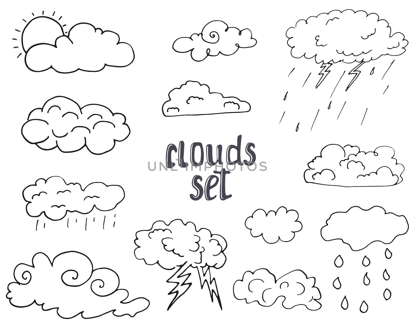 Hand drawn Doodle set of different Clouds, sketch Collection  vector illustration isolated on white.