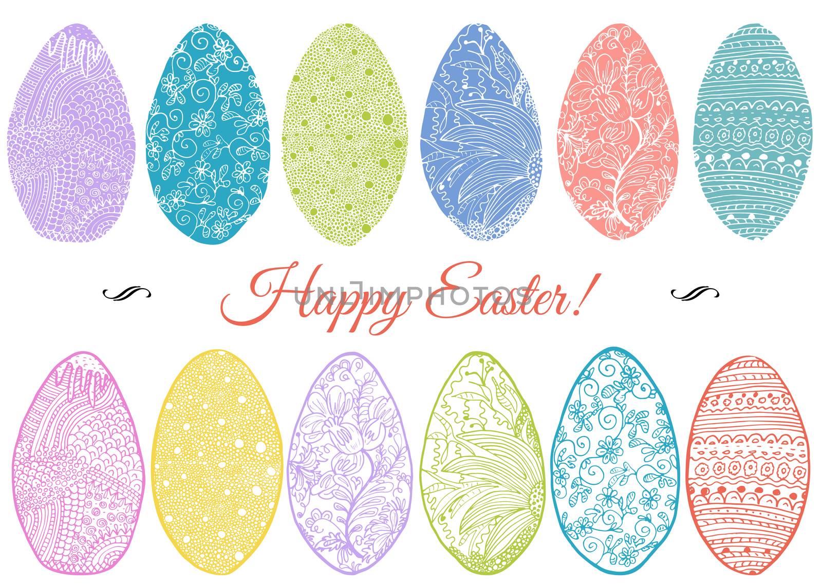 Ornamental hand drawn sketch of easter eggs in zentangle style. vector illustration with ornament and lettering happy easter, isolated.