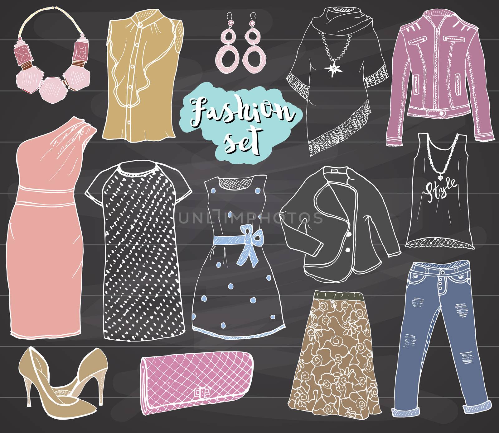 Fashion collection Doodles set. Hand Drawn Sketch with dress shoes, pants and jacket, handbag and accessories vector Illustration Design Elements on chalkboard Background.