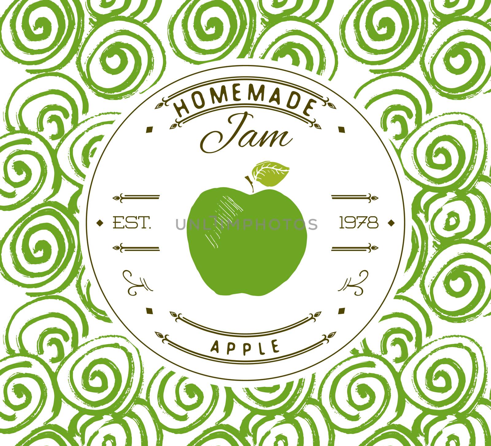 Jam label design template. for apple dessert product with hand drawn sketched fruit and background. Doodle vector apple illustration brand identity.