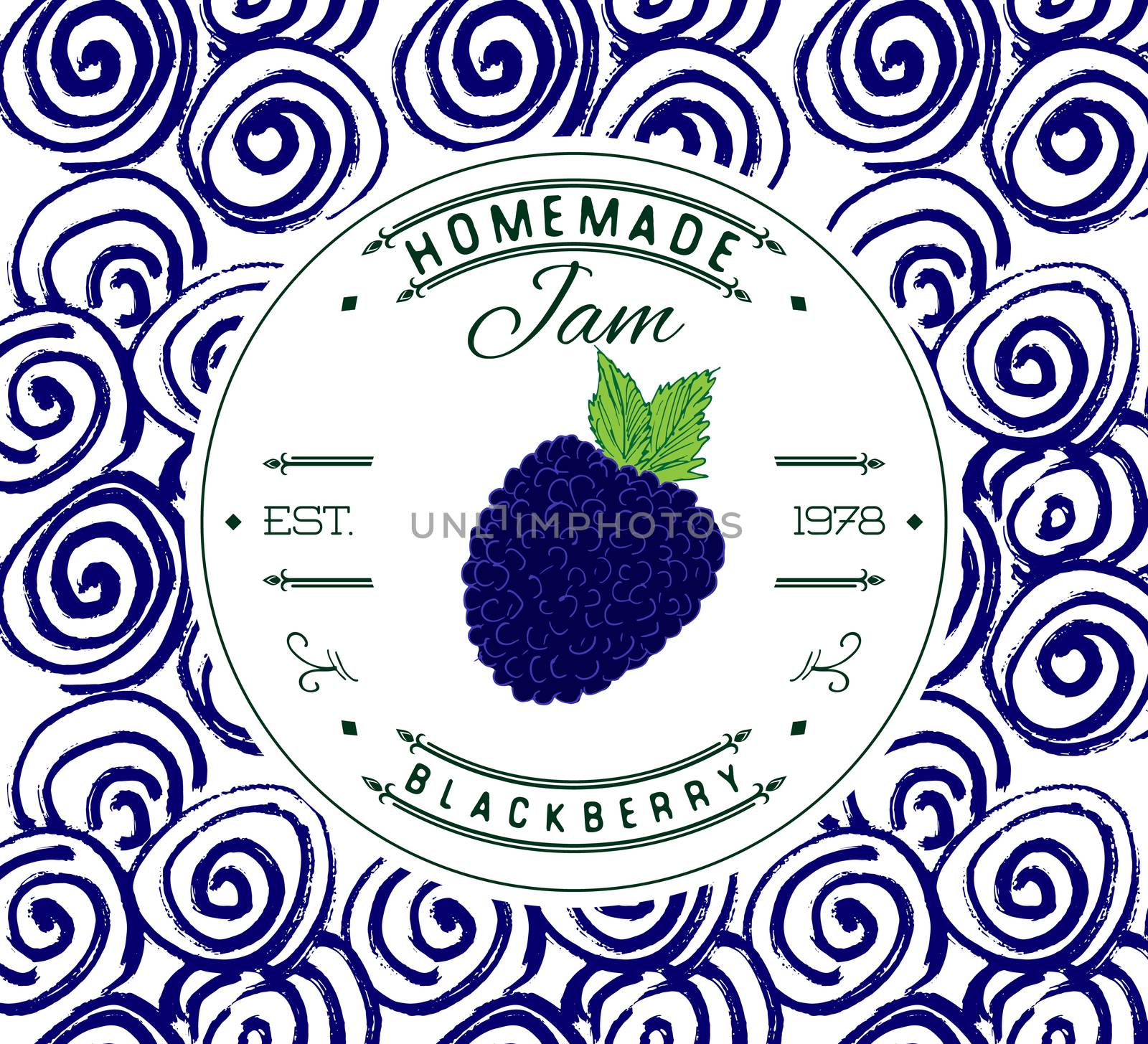 Jam label design template. for Blackberry dessert product with hand drawn sketched fruit and background. Doodle vector Blackberry illustration brand identity.