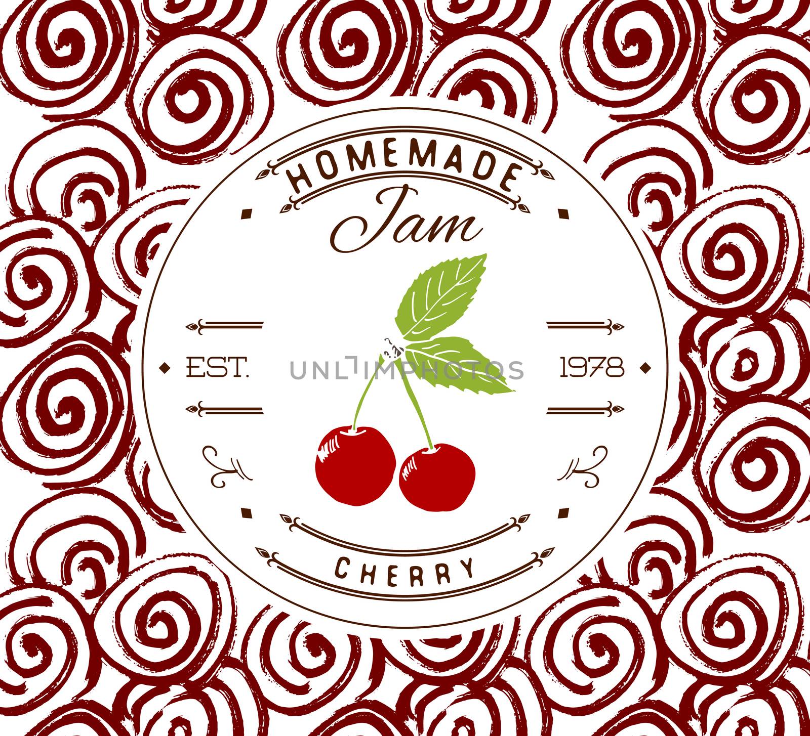 Jam label design template. for cherry dessert product with hand drawn sketched fruit and background. Doodle vector cherry illustration brand identity.