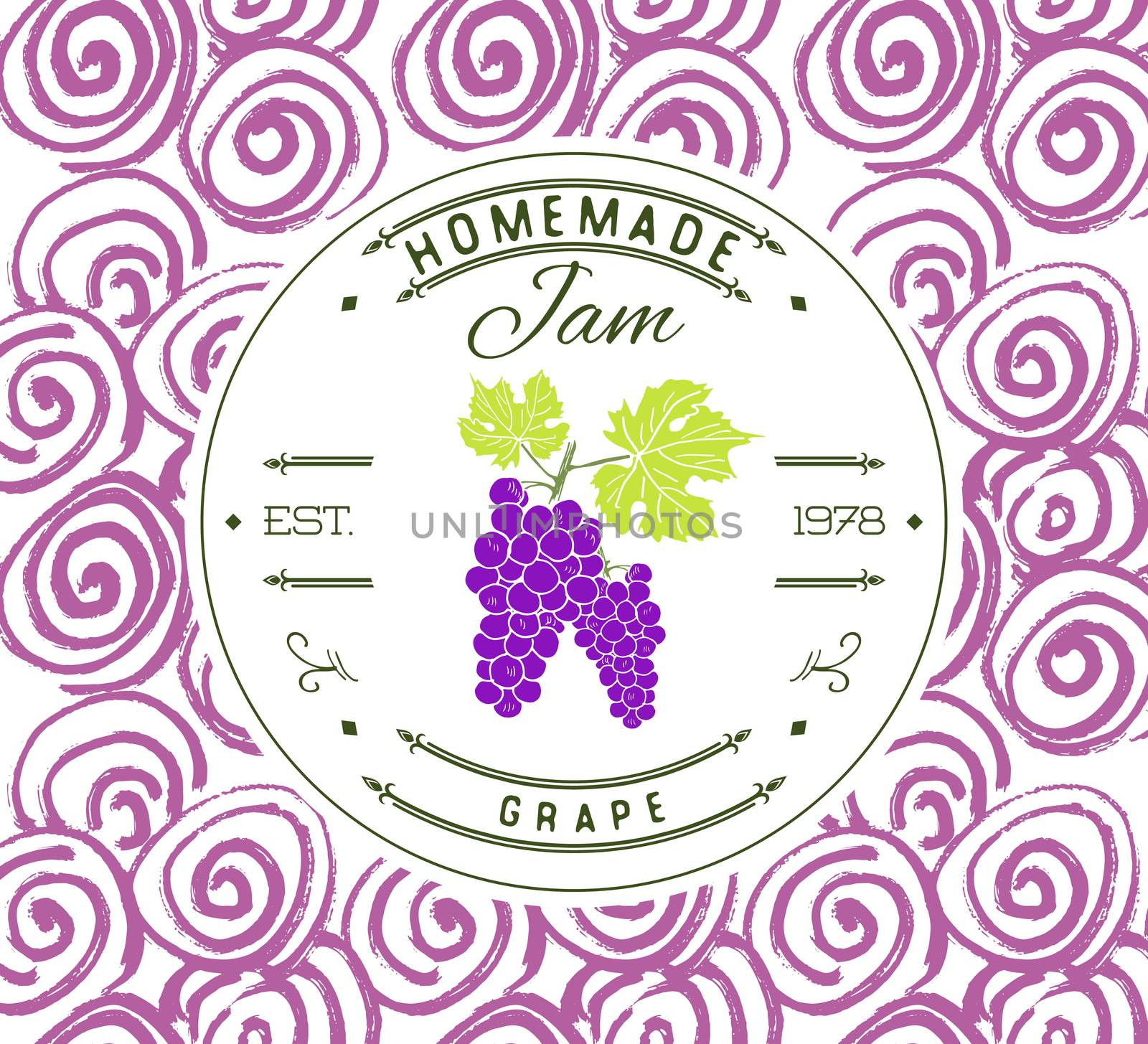 Jam label design template. for grape dessert product with hand drawn sketched fruit and background. Doodle vector Grape illustration brand identity.