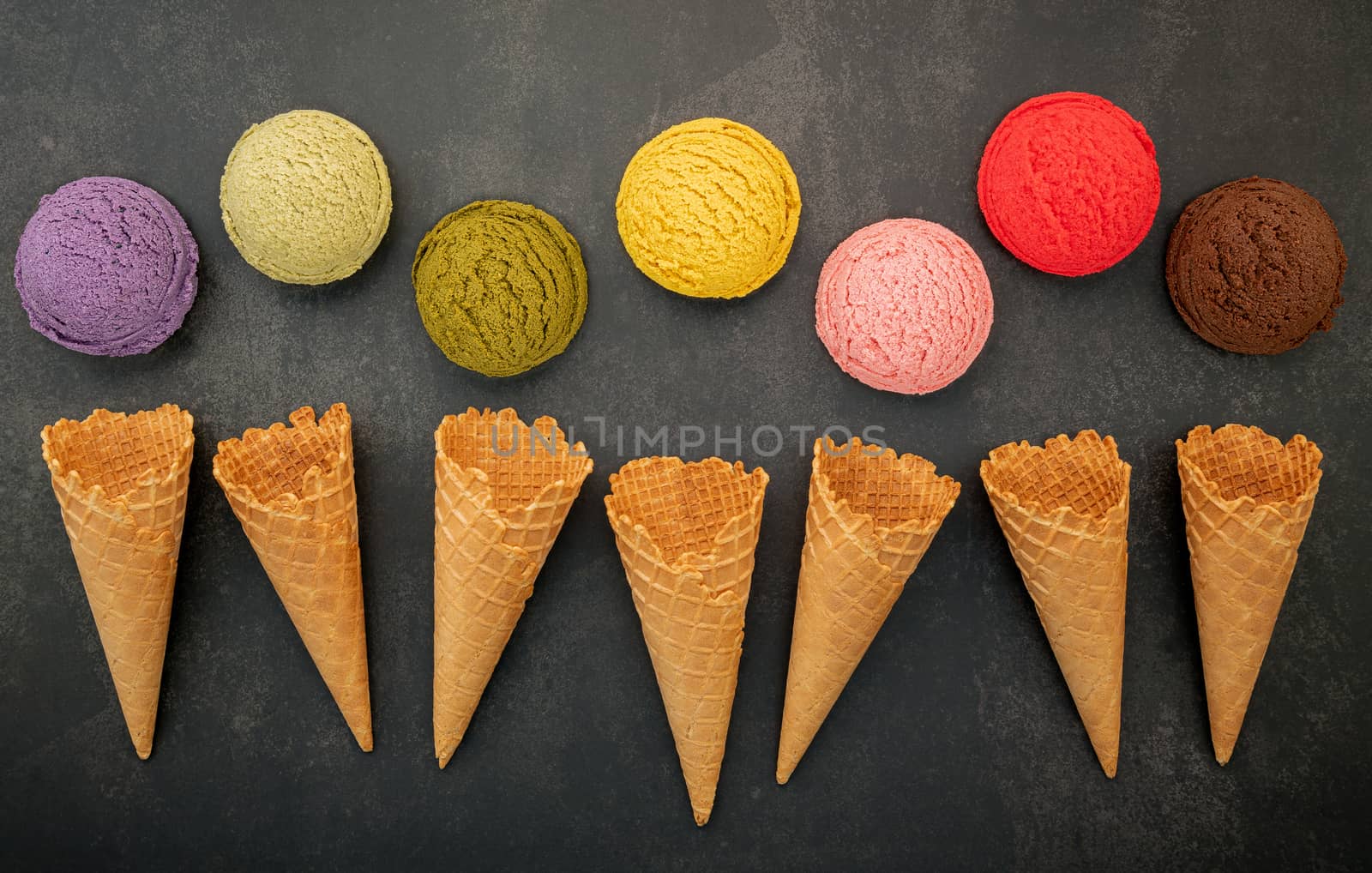 Various of ice cream flavor blueberry ,pistachio ,almond , orang by kerdkanno