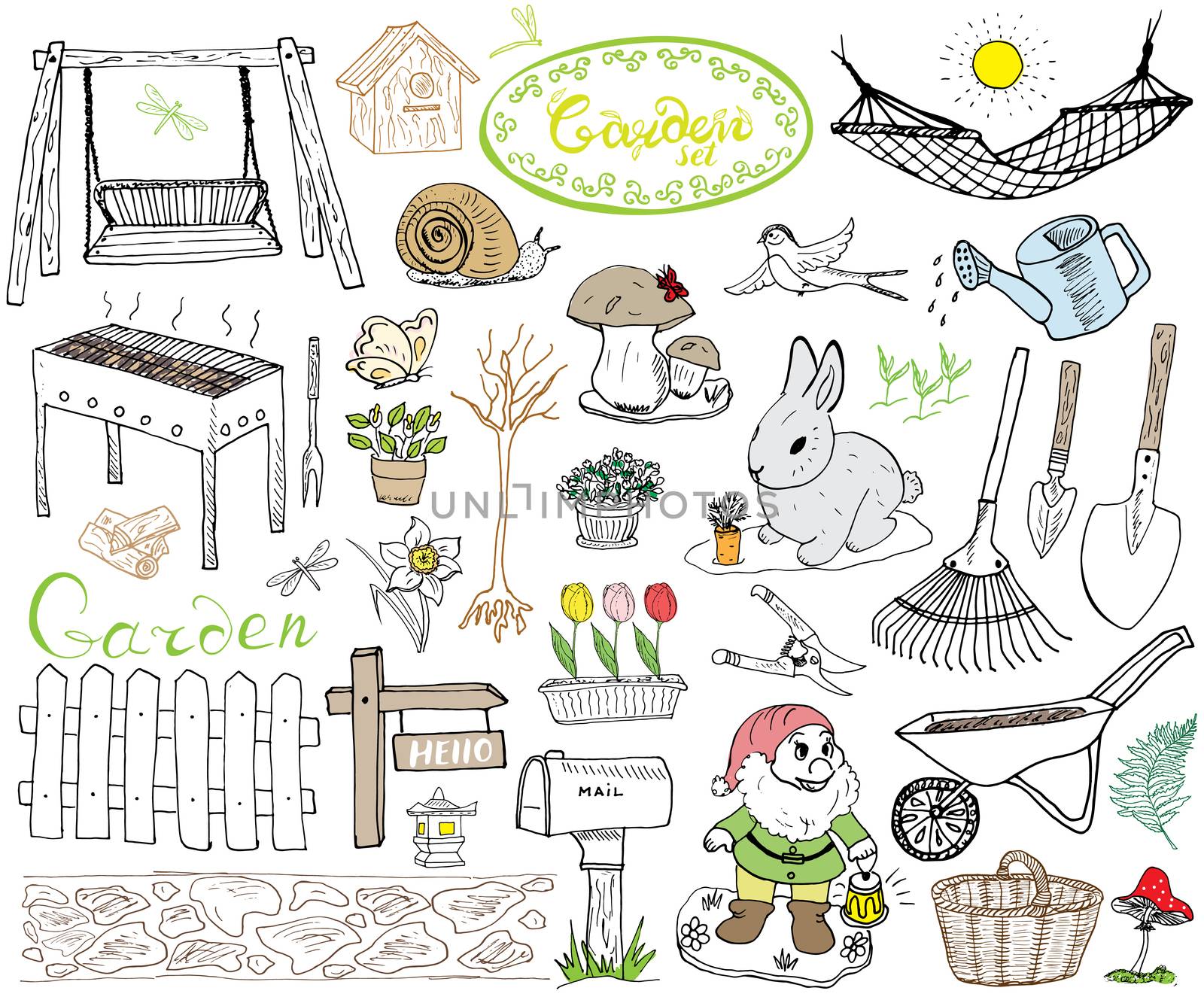 Garden set doodles elements. Hand drawn sketch with gardening tools, flovers and plants, garden figures, gnome mushrooms, rabbit, nest and birds, backyard swing. Drawing doodle, isolated on white.