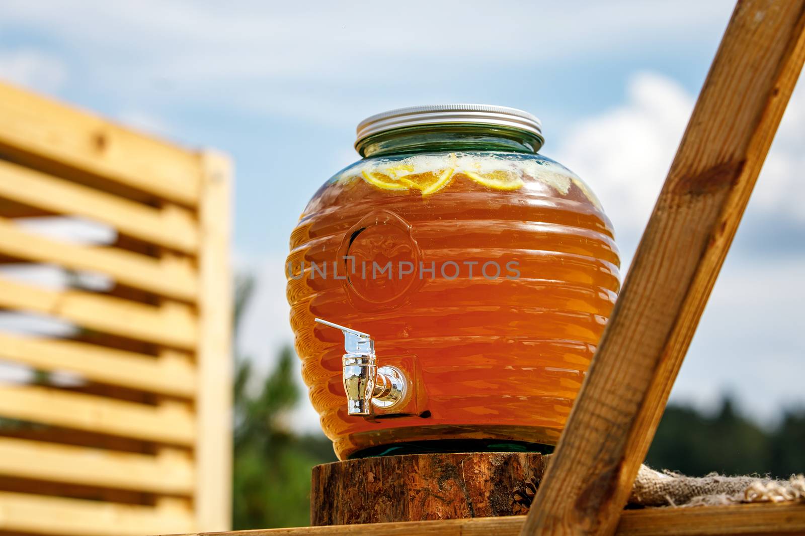 Jugs of lemonade at the summer outdoor party