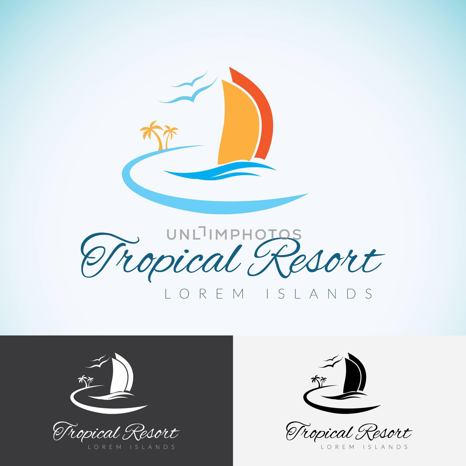 Yacht, Palm trees and sun, travel company logo design template. sea cruise, tropical island or vacation logotype icon by Lemon_workshop
