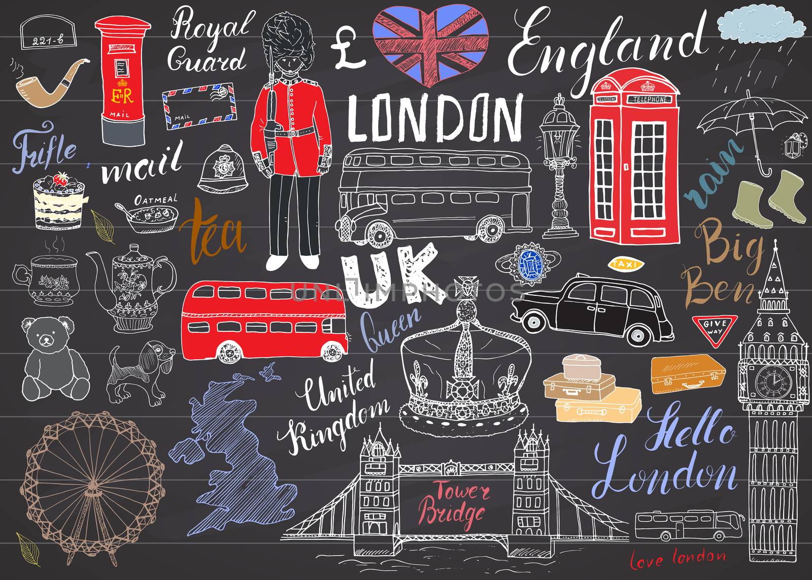 London city doodles elements collection. Hand drawn set with, tower bridge, crown, big ben, royal guard, red bus, UK map and flag, tea pot, lettering, vector illustration on chalkboard.