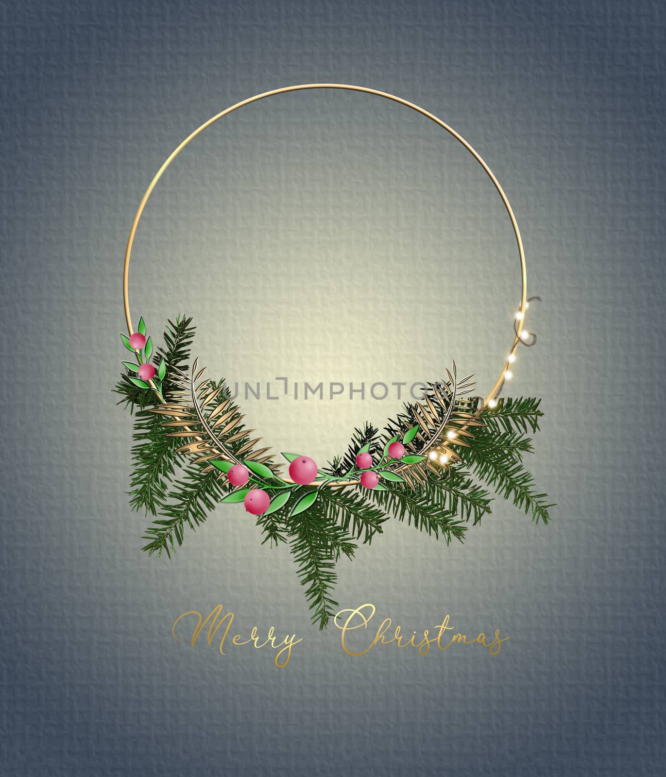 Christmas and New Year 2021 Card. Elegant floral design of Wreath with lights. Gold text Merry Christmas over pastel background. Greetings, 2021 invitation, flyer, brochure, cover. 3D illustration