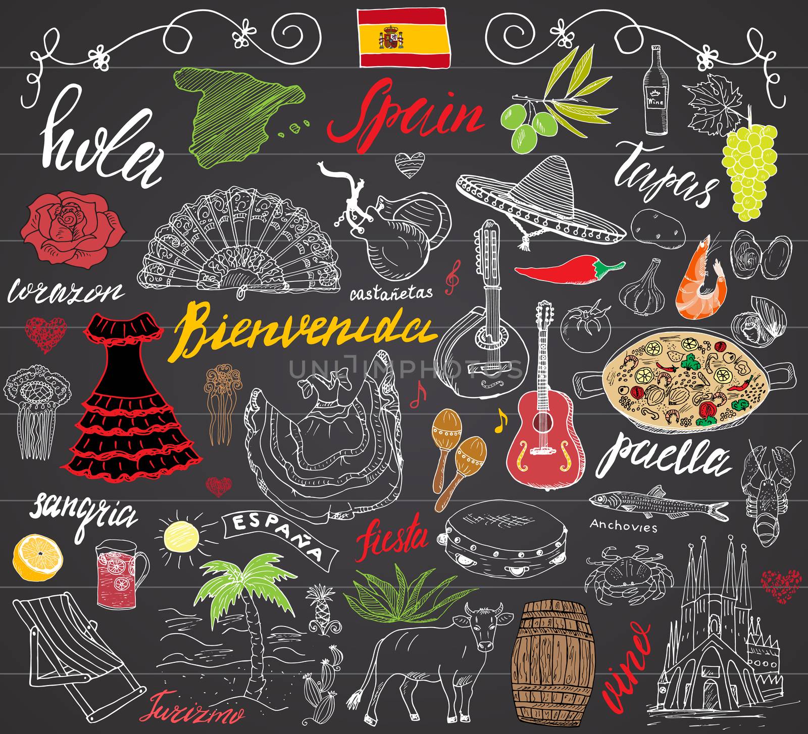 Spain doodles elements. Hand drawn set with spanish lettering, food paella, shrimp, olive, grape, fan, wine barrel, guitars, music instruments, dresses, bull, rose, flag and map. doodle on chalkboard.