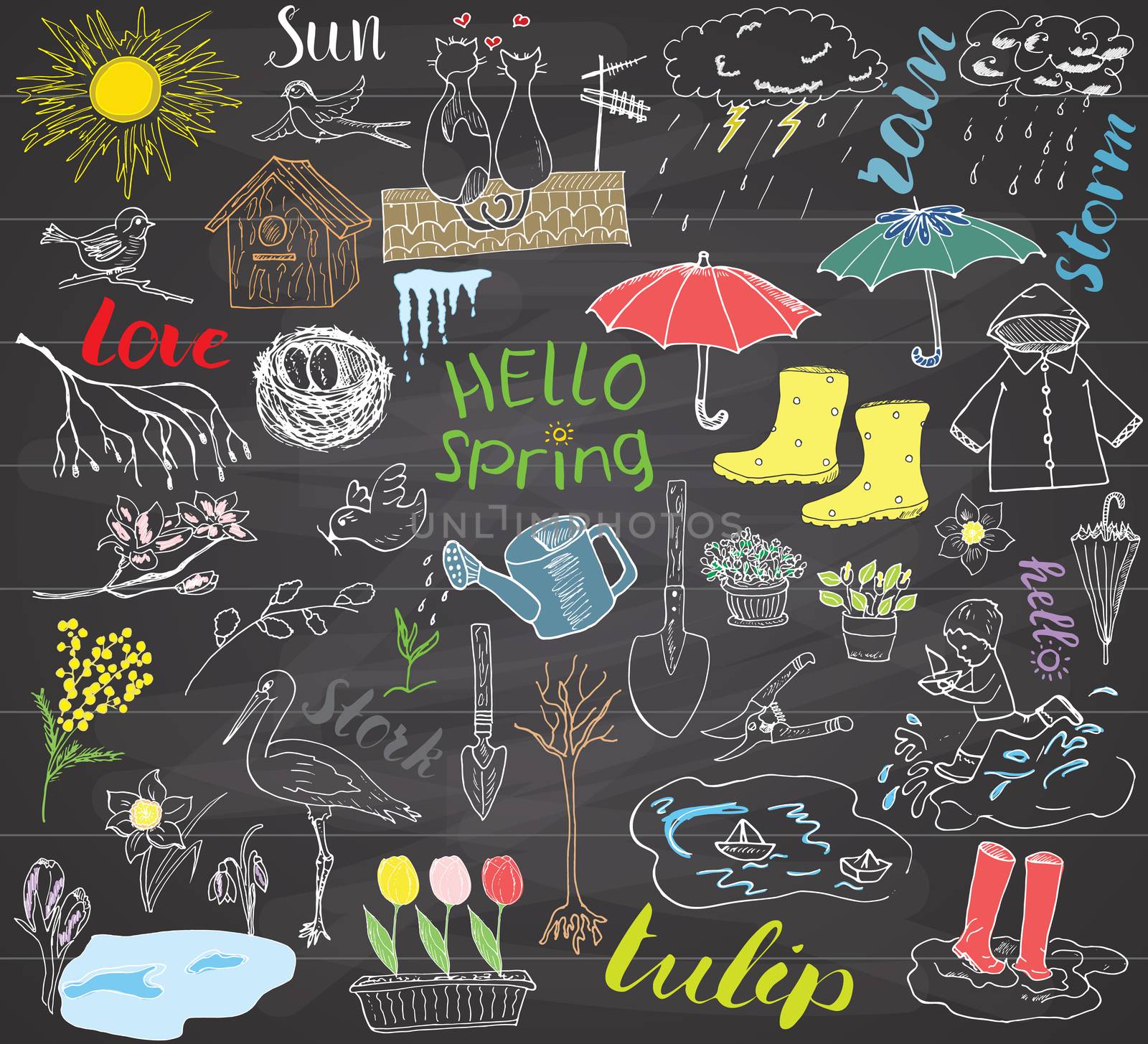 Spring season set doodles elements. Hand drawn sketch set with umbrella, rain, rubber boots, raincoat, flovers, garden tools, nest and birds. Drawing doodle collection, on chalkboard.