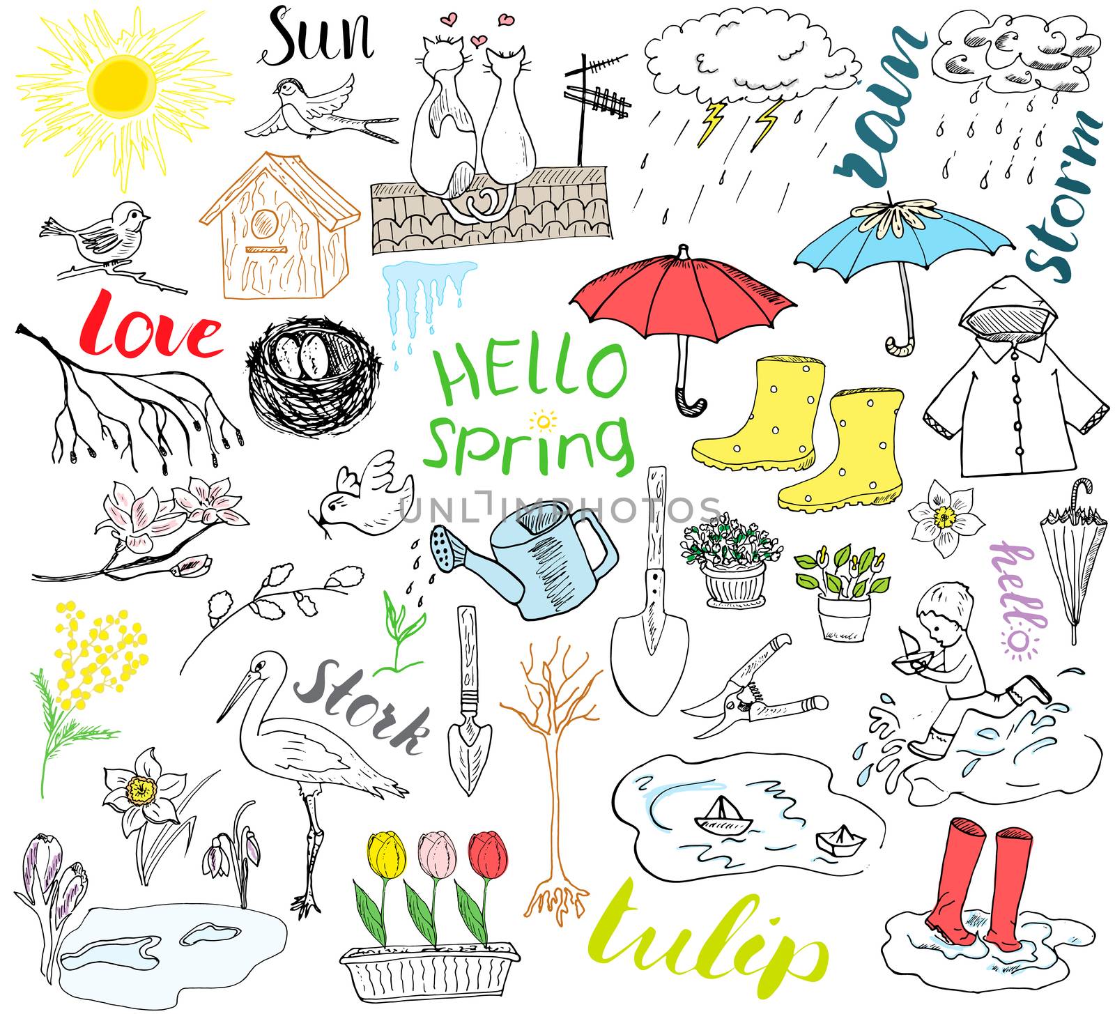 Spring season set doodles elements. Hand drawn sketch set with umbrella, rain, rubber boots, raincoat, flovers, garden tools, nest and birds. Drawing doodle collection, isolated on white background.
