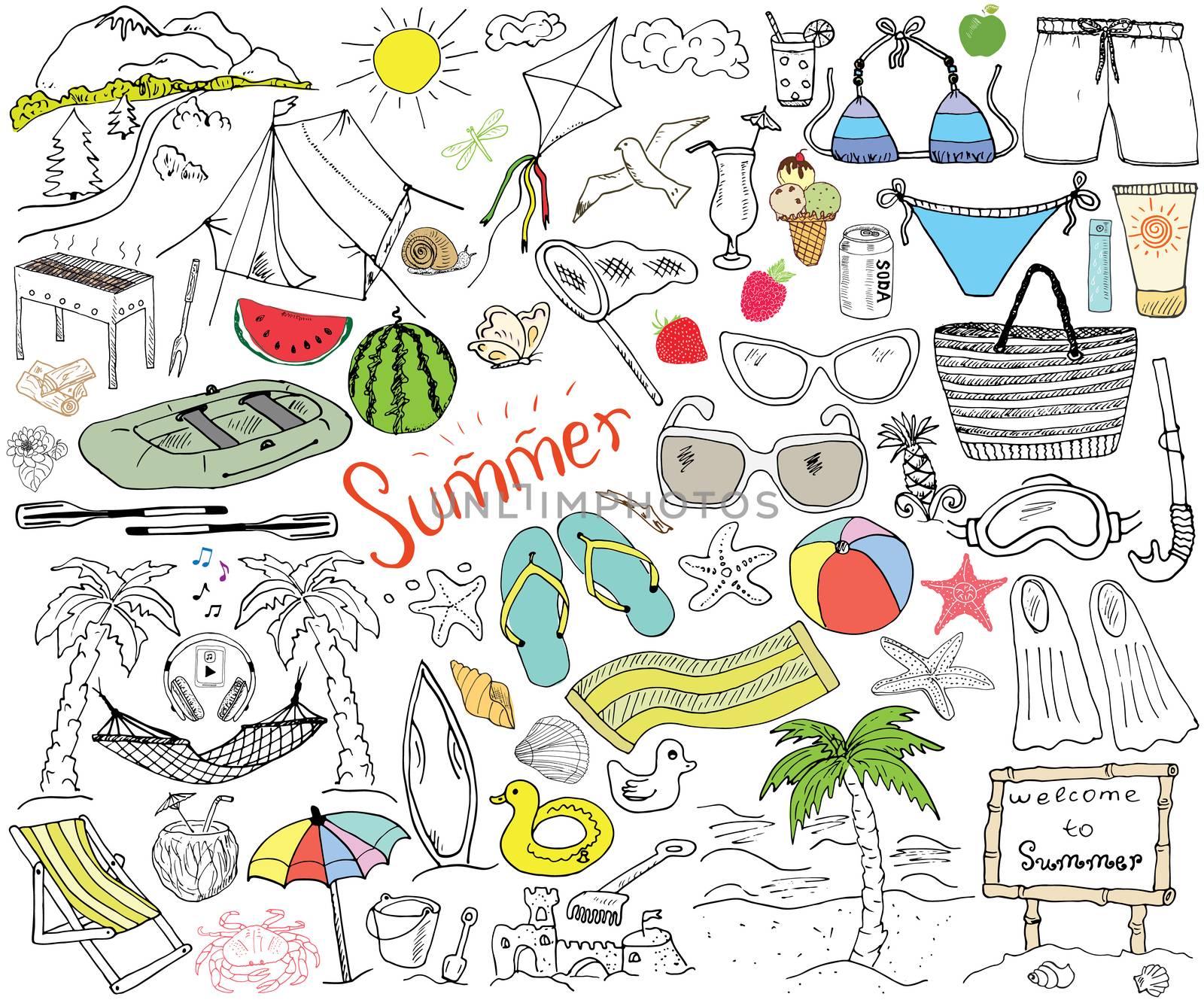 Summer season doodles elements. Hand drawn sketch set with sun, umbrella, sunglasses, palms and hammock, beach, camping items, mountains, tent, raft, grill, kite. Drawing doodle, isolated on white.