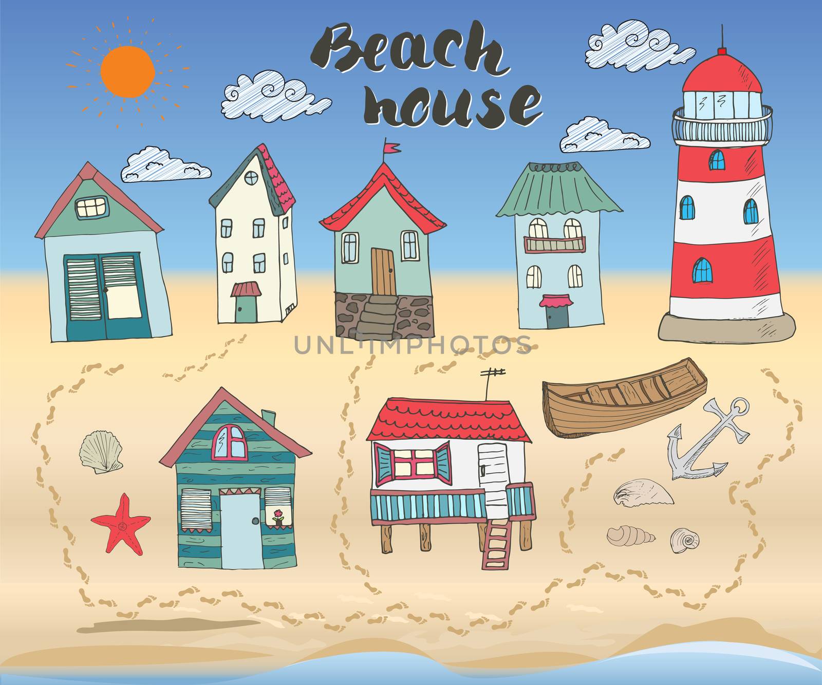 Beach huts and bungalows, hand drawn outline color doodle set with light house wooden boat and anchor, seashells and footsteps on sandy beach, vector illustation.