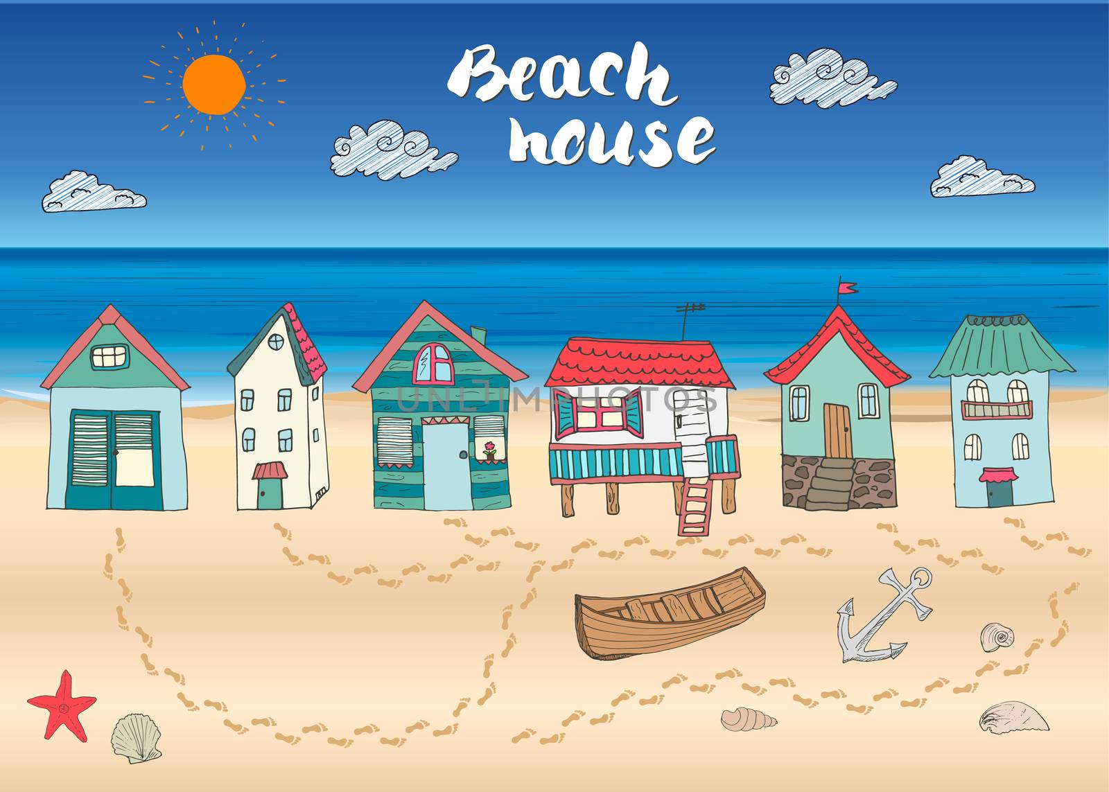 Beach huts and bungalows, hand drawn outline color doodle set with light house wooden boat and anchor, seashells and footsteps on sandy beach, vector illustation.