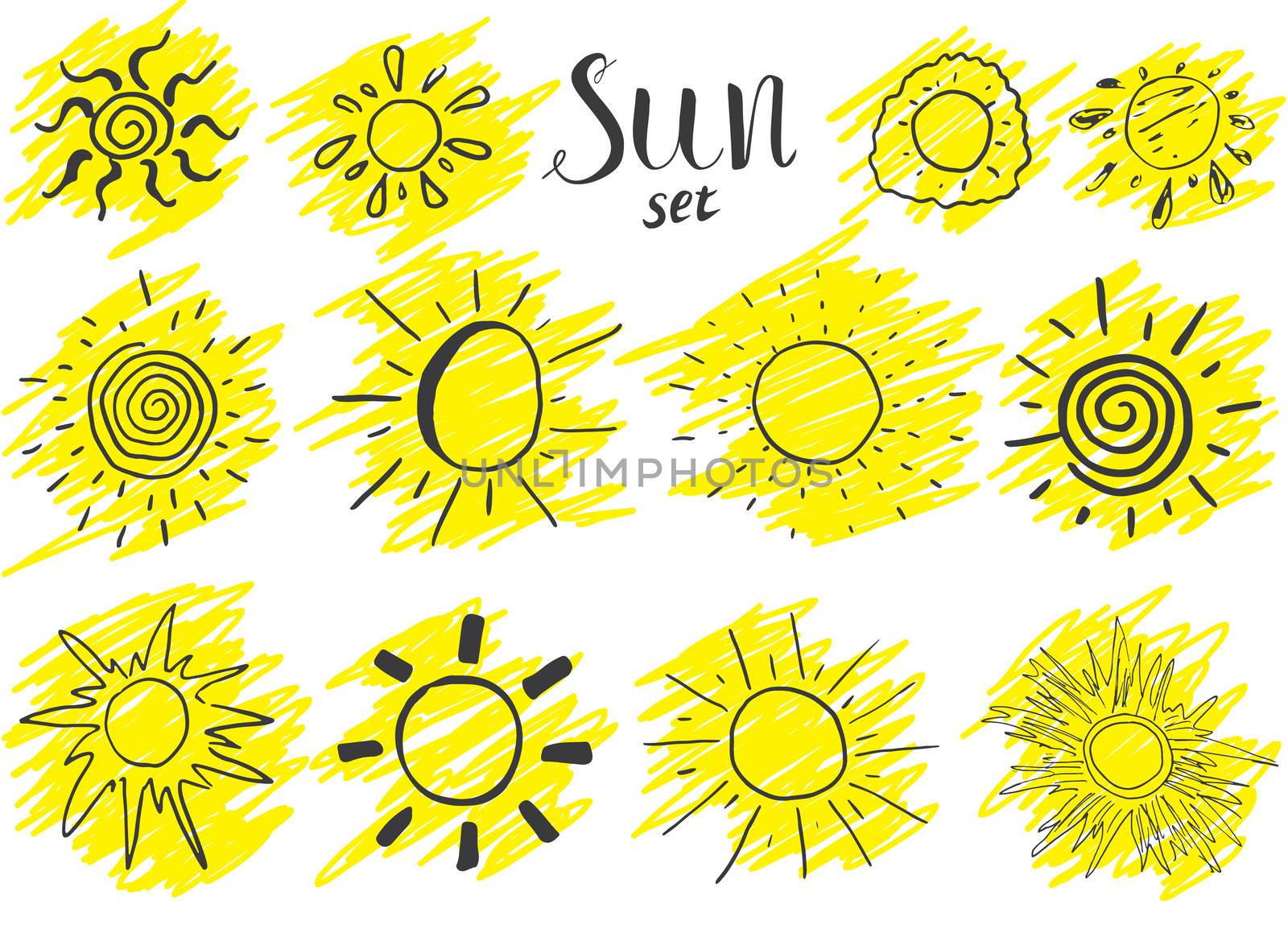 Hand drawn set of different suns, sketch vector illustration isolated on white.