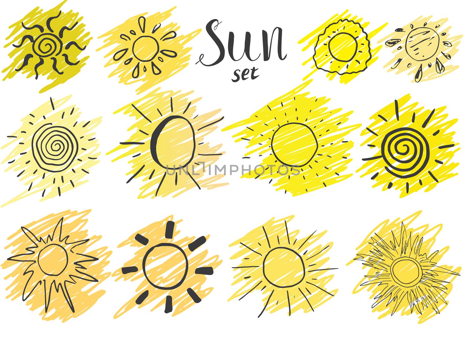 Hand drawn set of different suns, sketch vector illustration isolated on white.