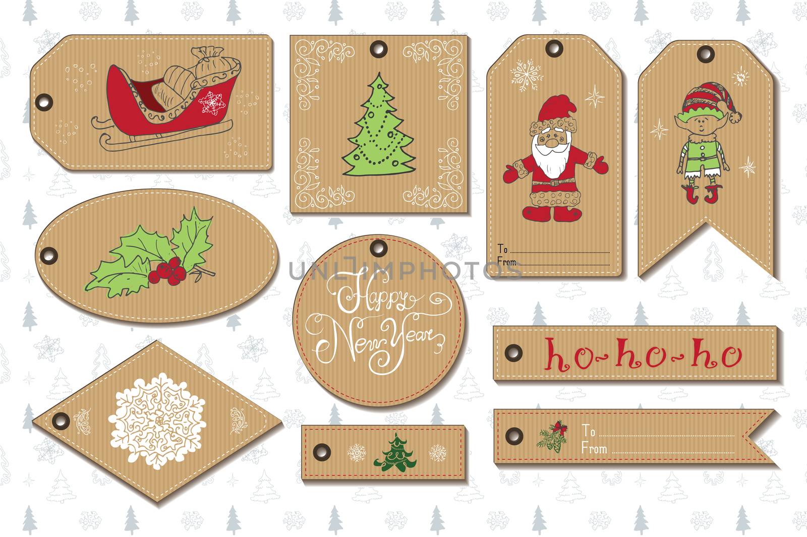 Set of New Year gift tags vector template, Hand drawn Sketch elements with Lettering set. Present cards design of happy new year 2016. Doodles and festive elements,  Vector Illustration.