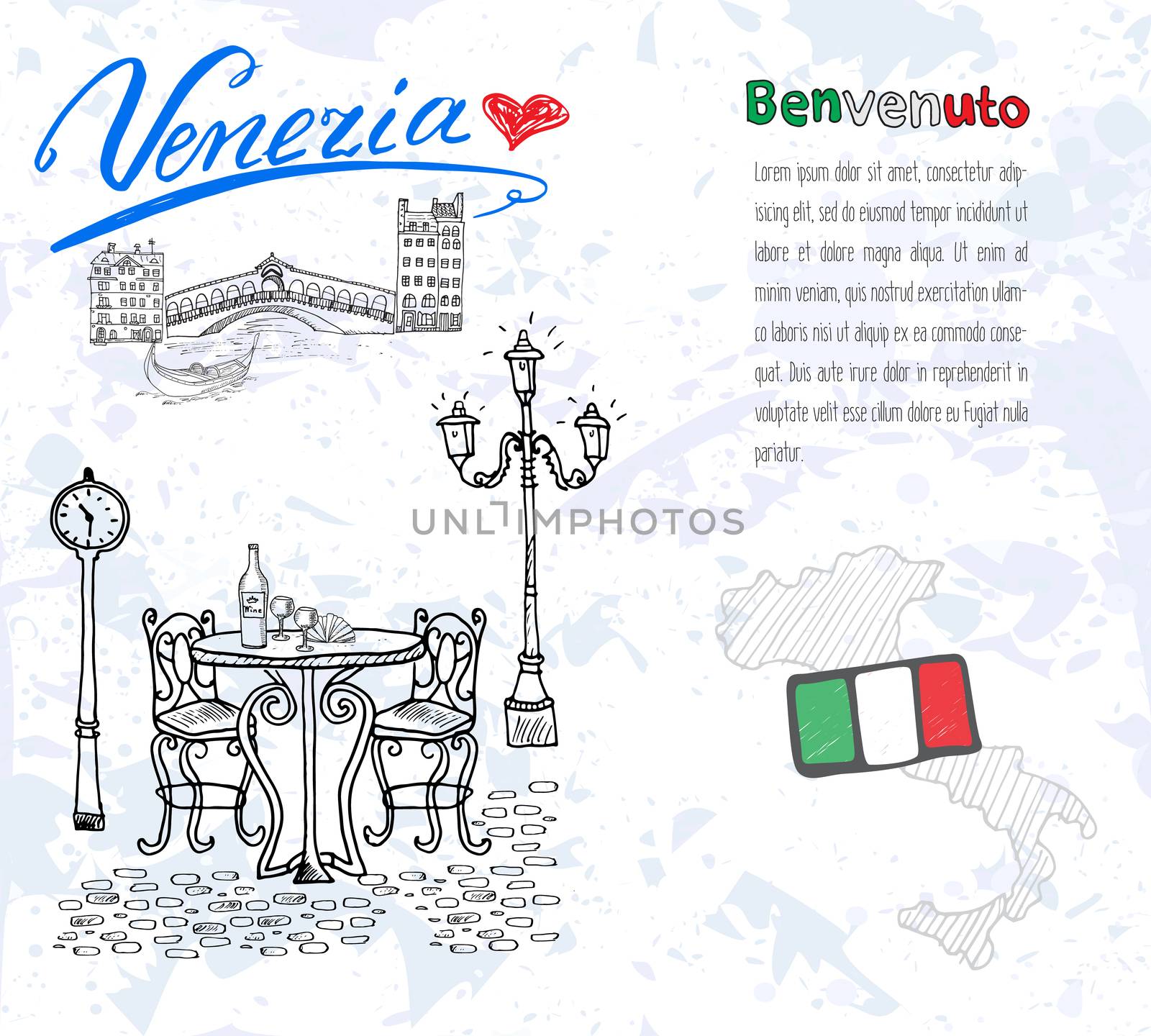 Venice Italy sketch elements. Hand drawn set with flag, map, gondolas, houses, market bridge. Lettering Venice, welcome in Italian. Drawing doodle collection and sampe text, isolated.