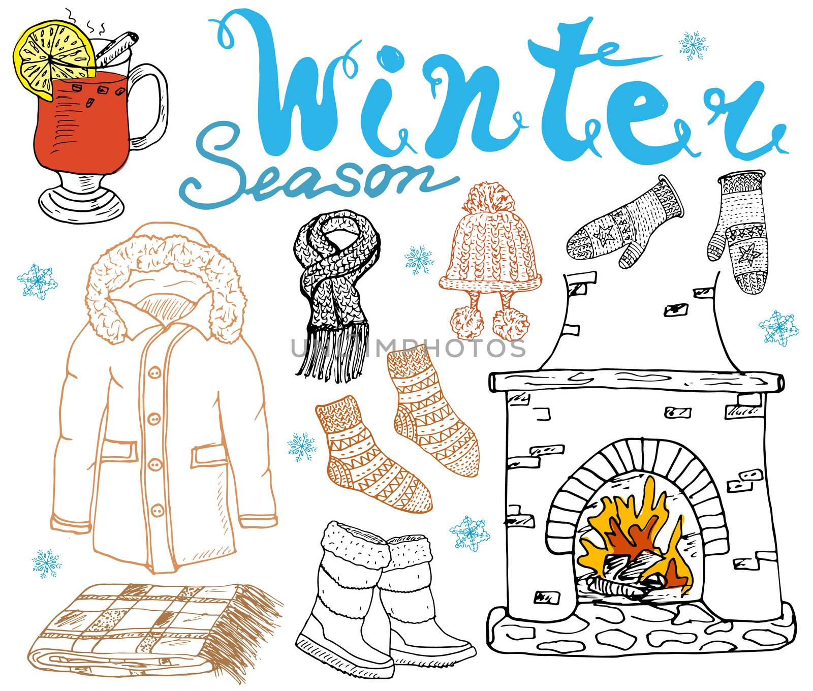 Winter season set doodles elements. Hand drawn set with glass of hot wine, boots, clothes, fireplace, warm blanket, socks and hat, and lettering words. Drawing set isolated on white.