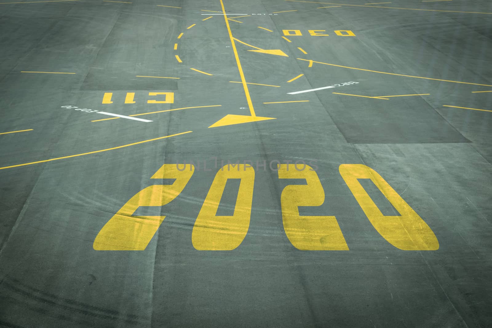 The 2020 number sign on the airport runway shows the coming New Year's reception soon.