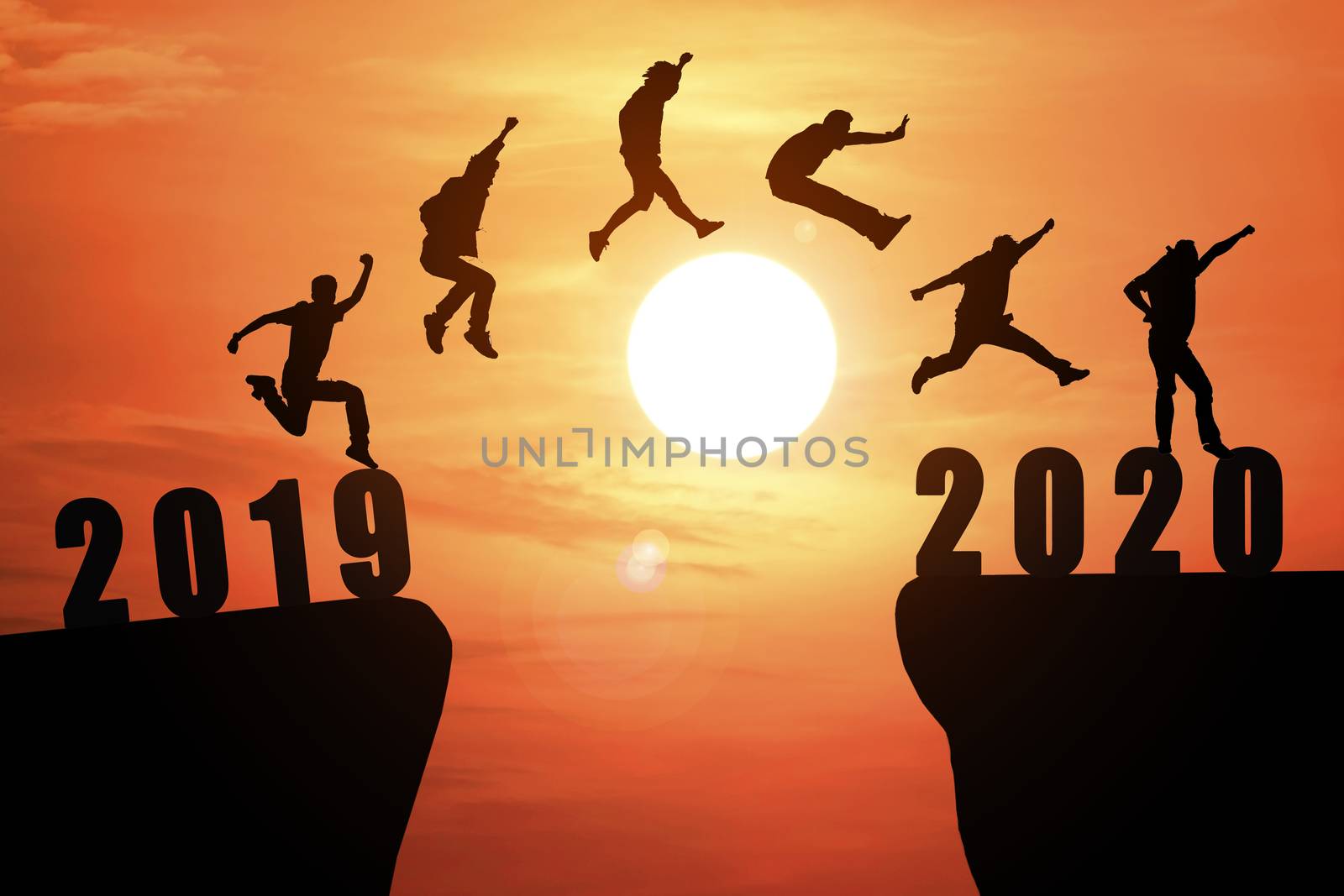 Silhouette group of young business mans jumping from the cliff that has the year number 2019 to the side that has the year number 2020 with sun rise background, Concept for new year target.