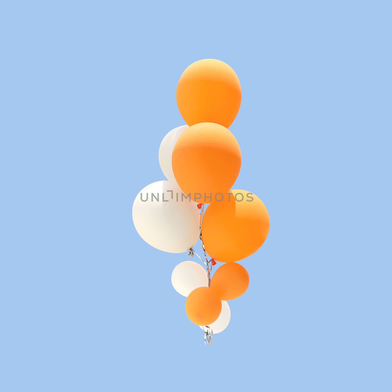 Group of orange and white color balloons for decoration in celebrations of various important days isolated on blue background, with clipping path.
