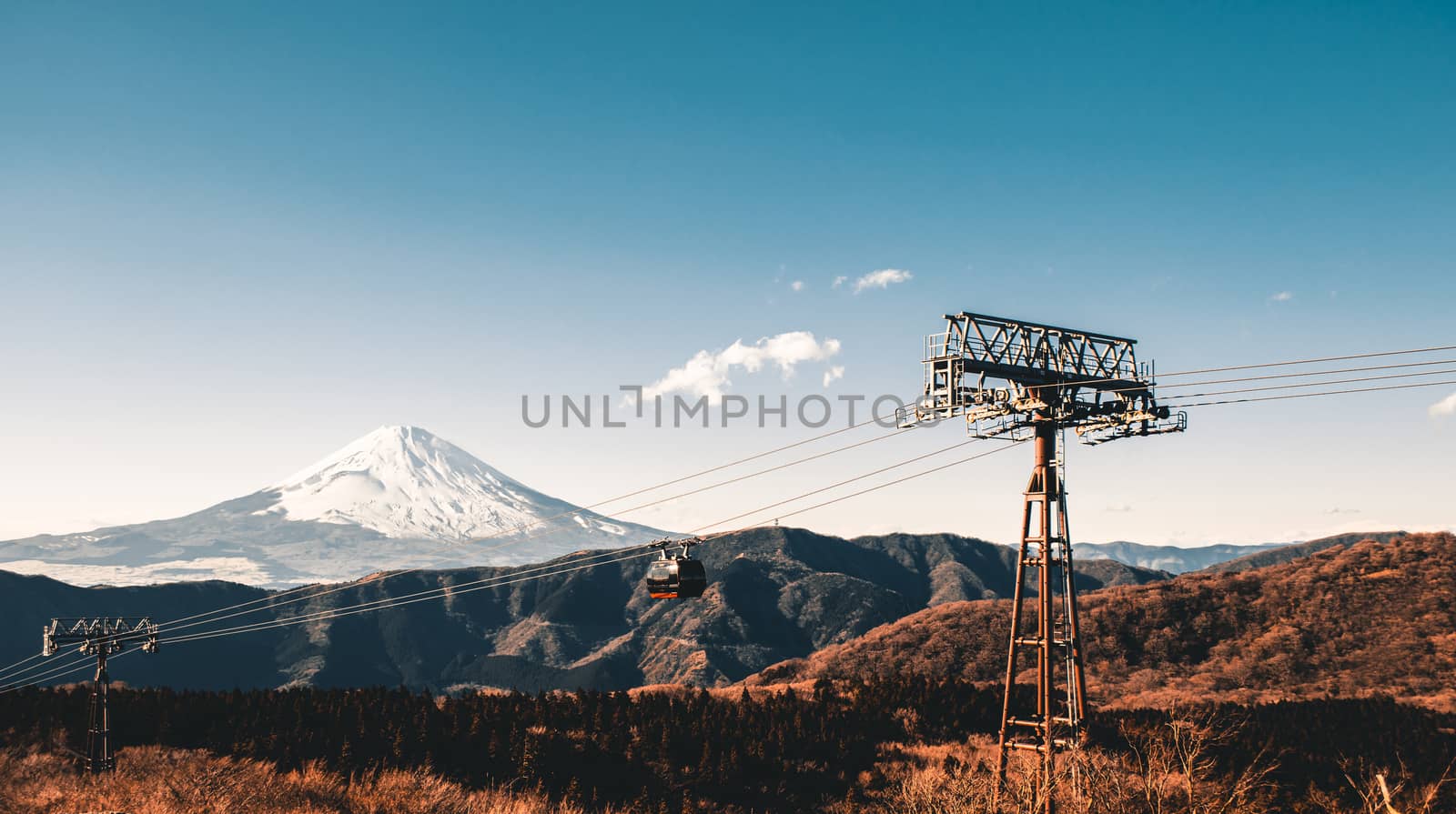 Beautiful Fuji mountain with snow covered on the top in the winter season in Japan, Teal and Orange tone.