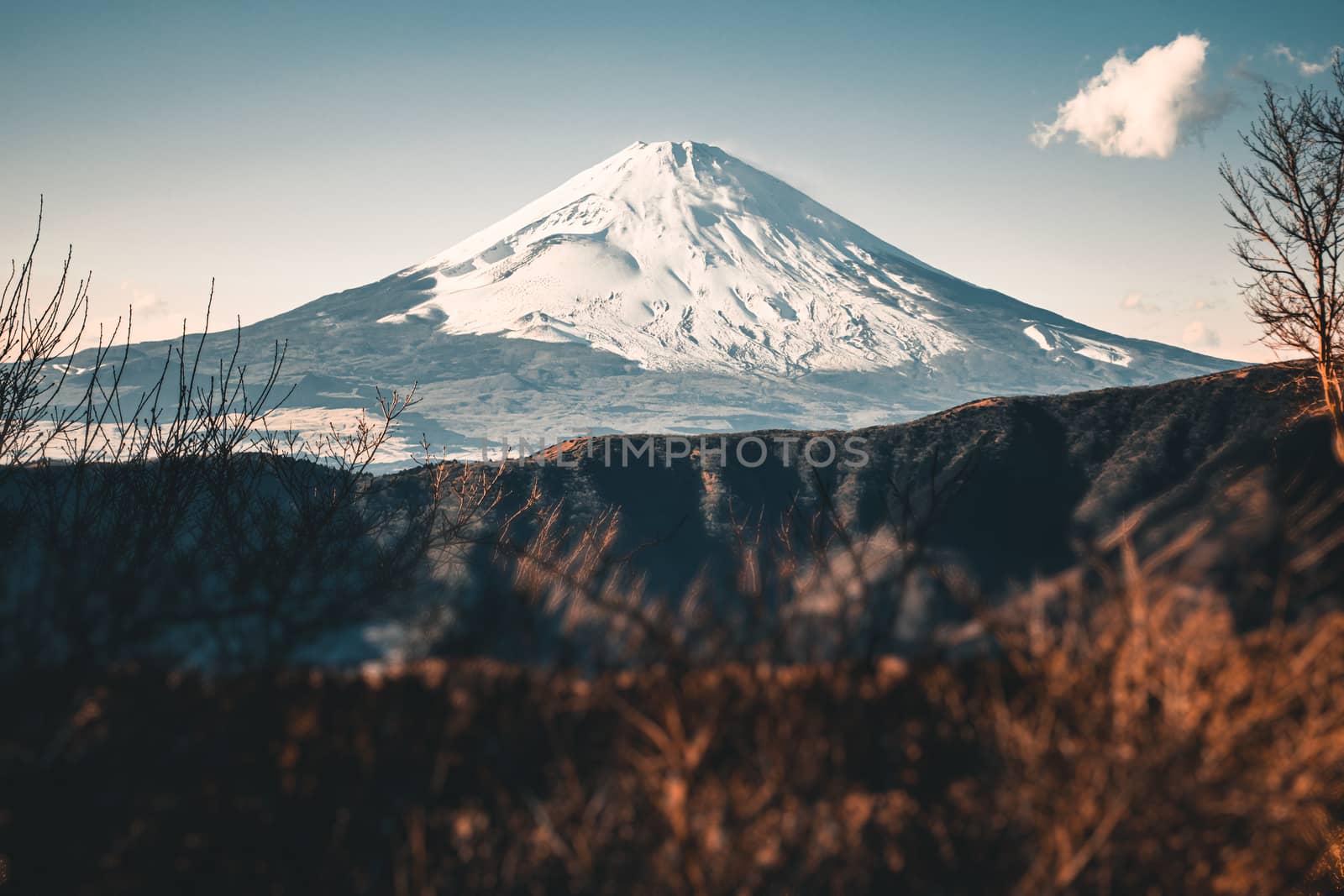 Beautiful Fuji mountain with snow covered on the top in the winter season in Japan, Teal and Orange tone.
