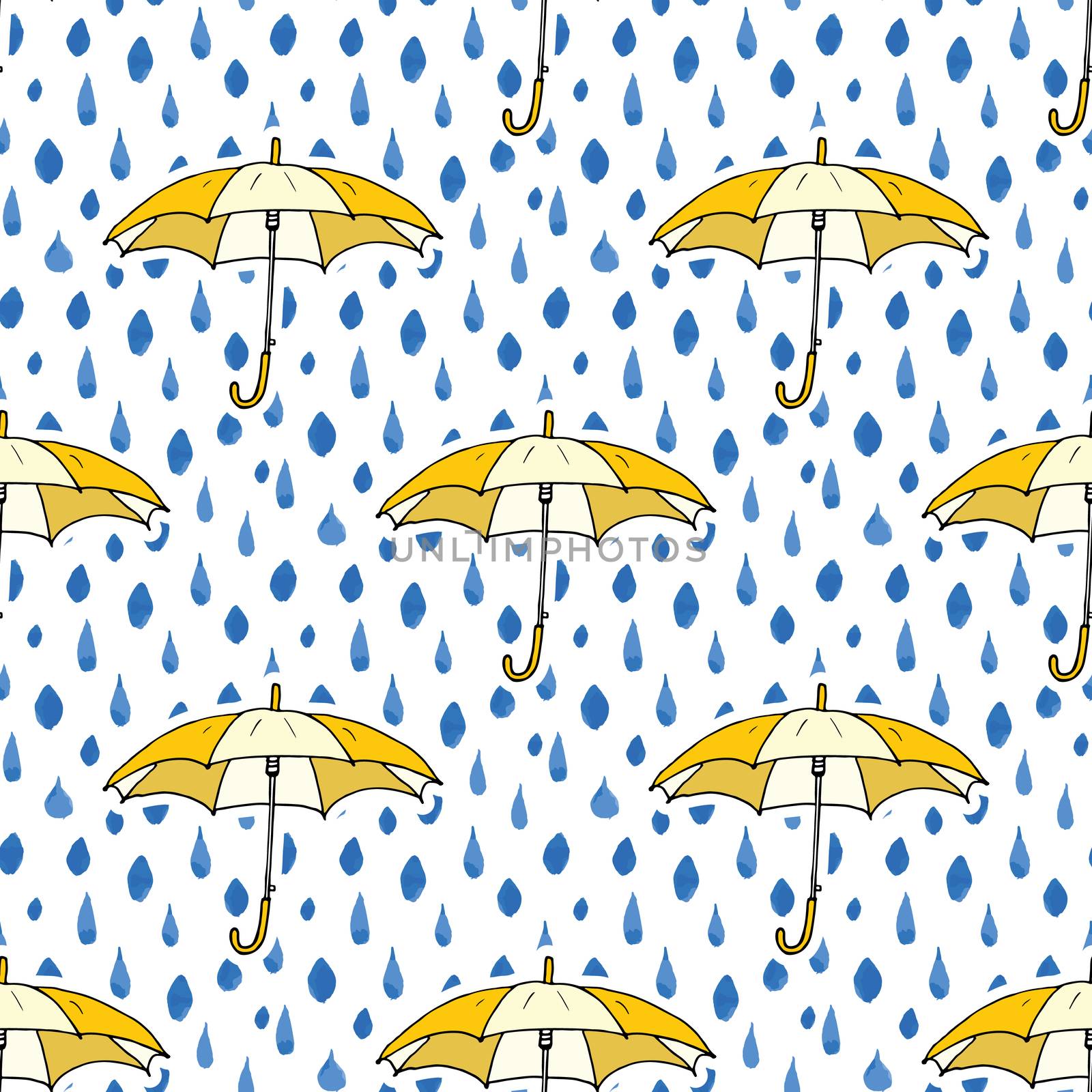 Rain drops and umbrella seamless pattern. Hand drawn vector illustration