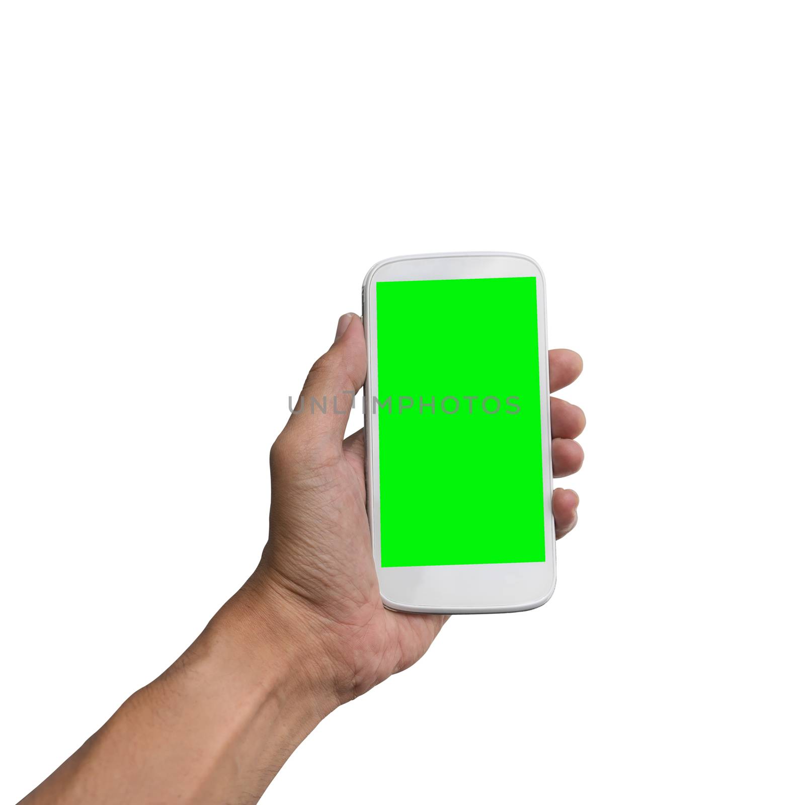 Hand holding smart-phone with green screen isolated on white background, with clipping path.