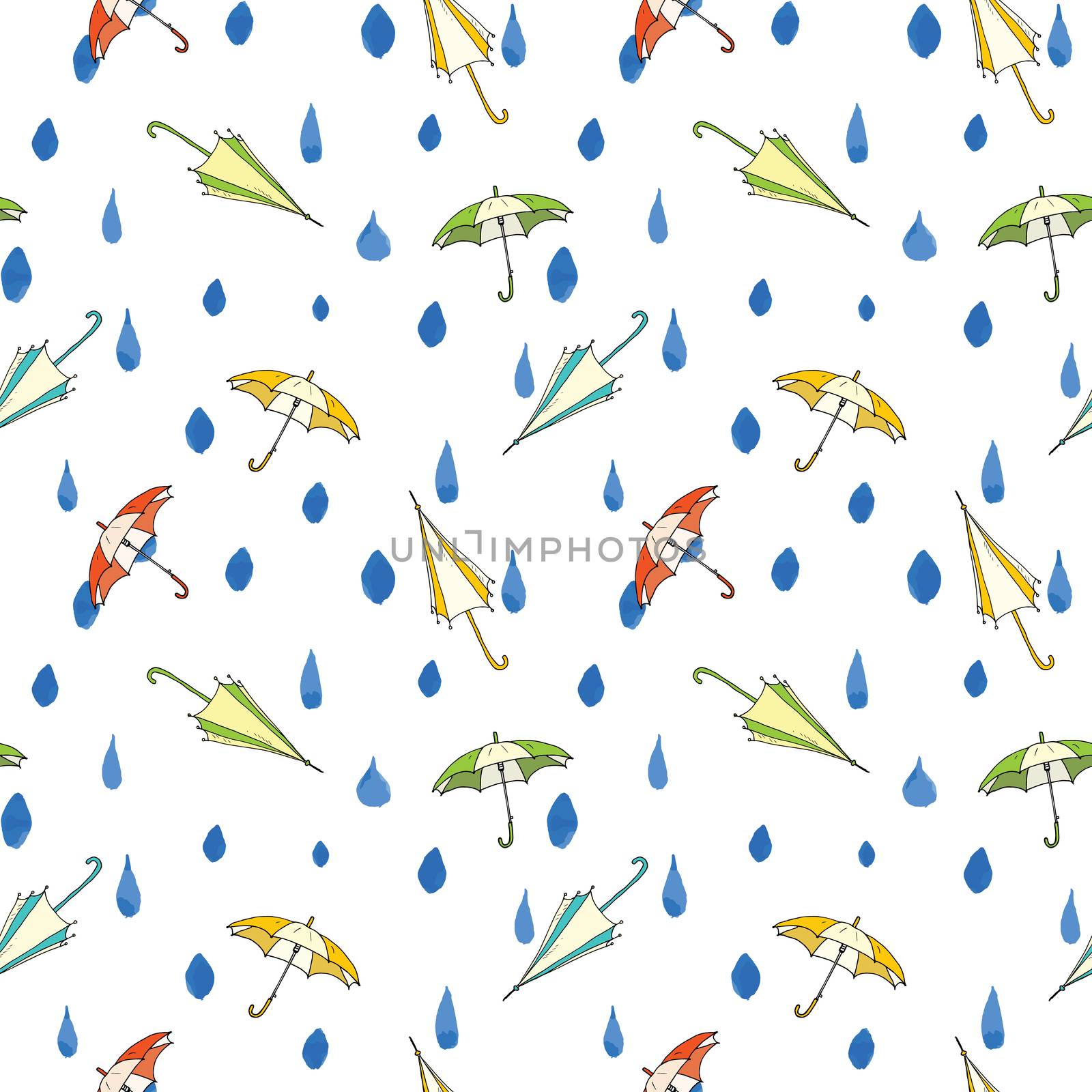 Rain drops and umbrella seamless pattern. Hand drawn vector illustration. by Lemon_workshop