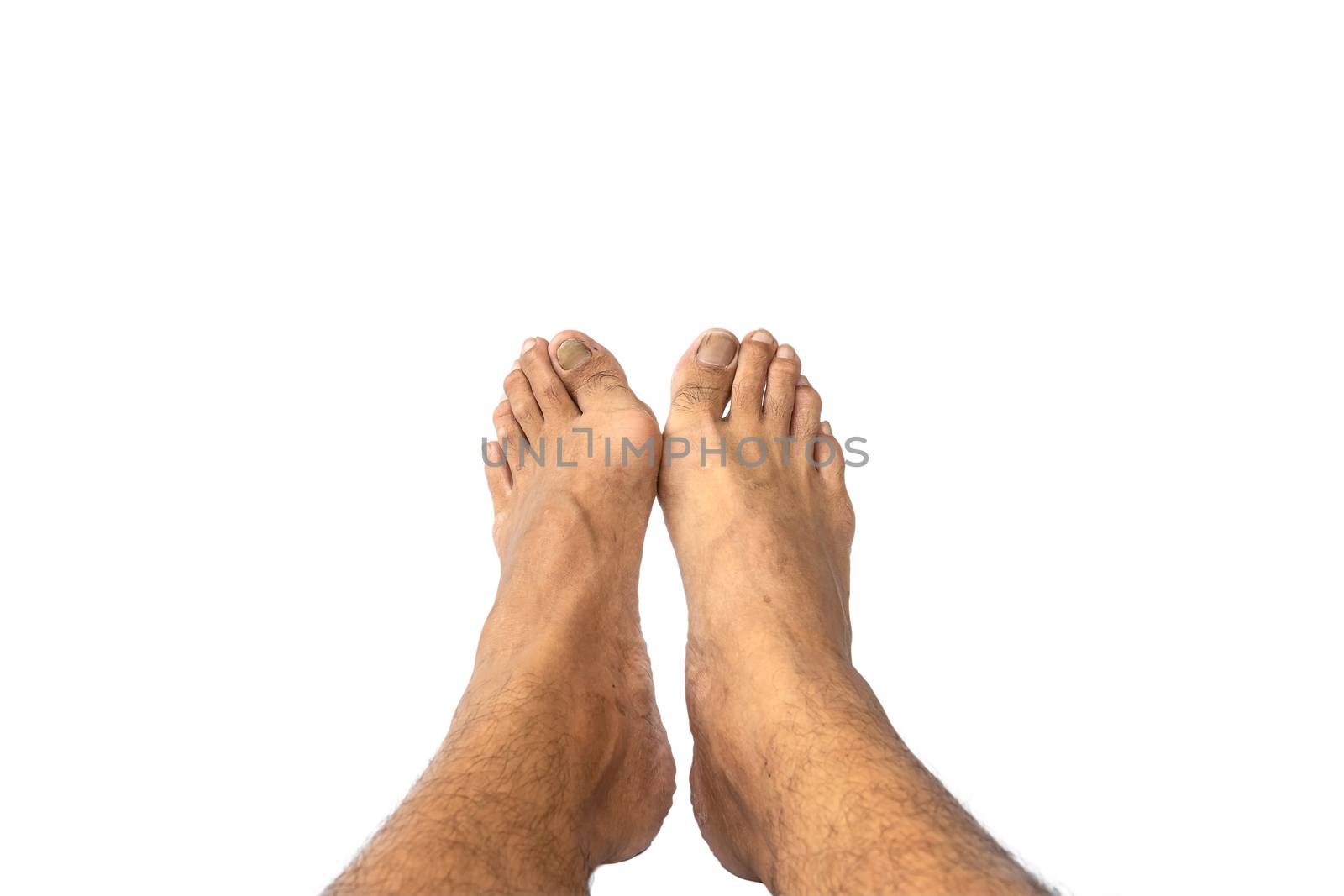 Closeup men's feet isolated on white background.