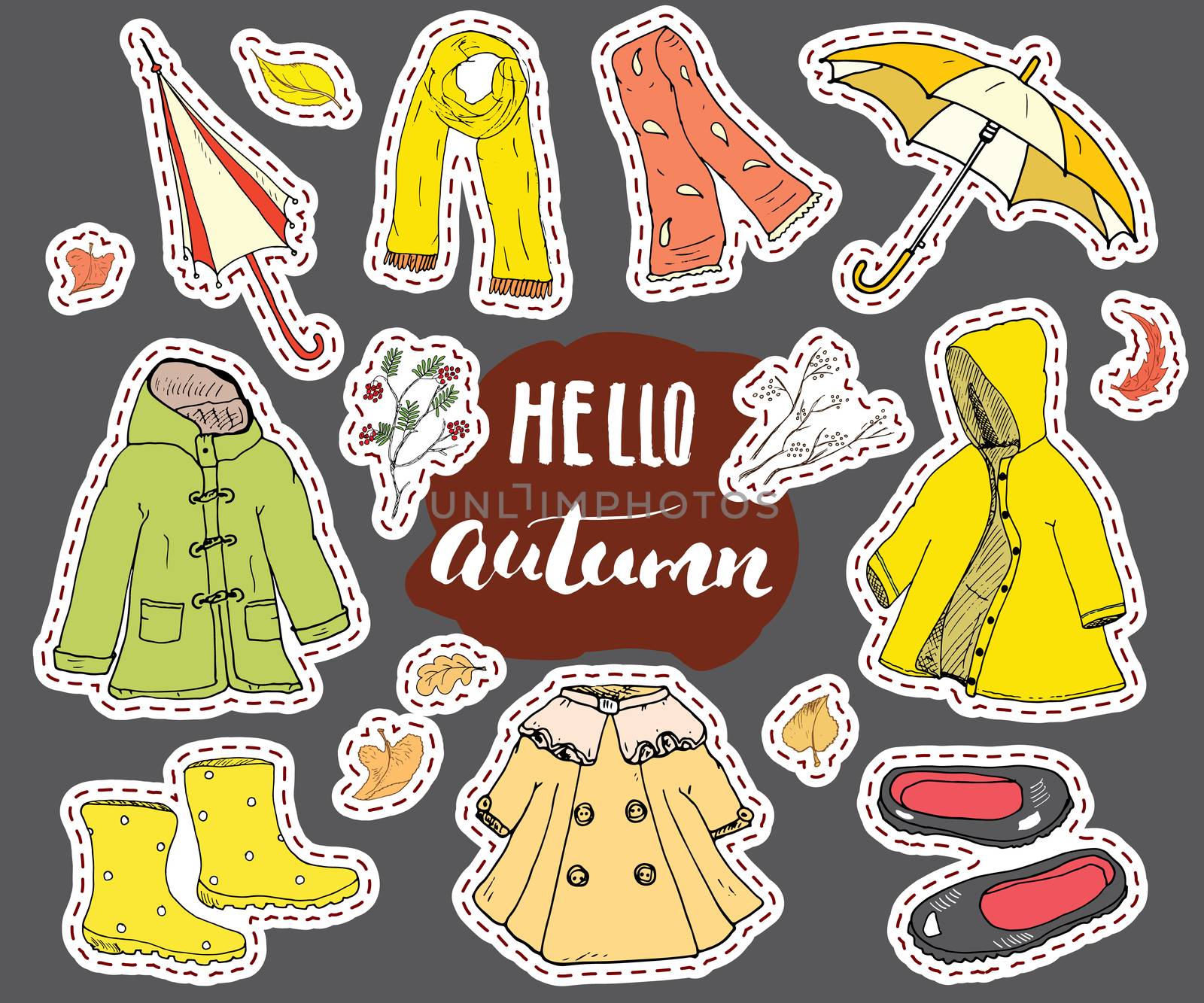 Autumn season clothes set. Hand drawn doodles and lettering vector illustration