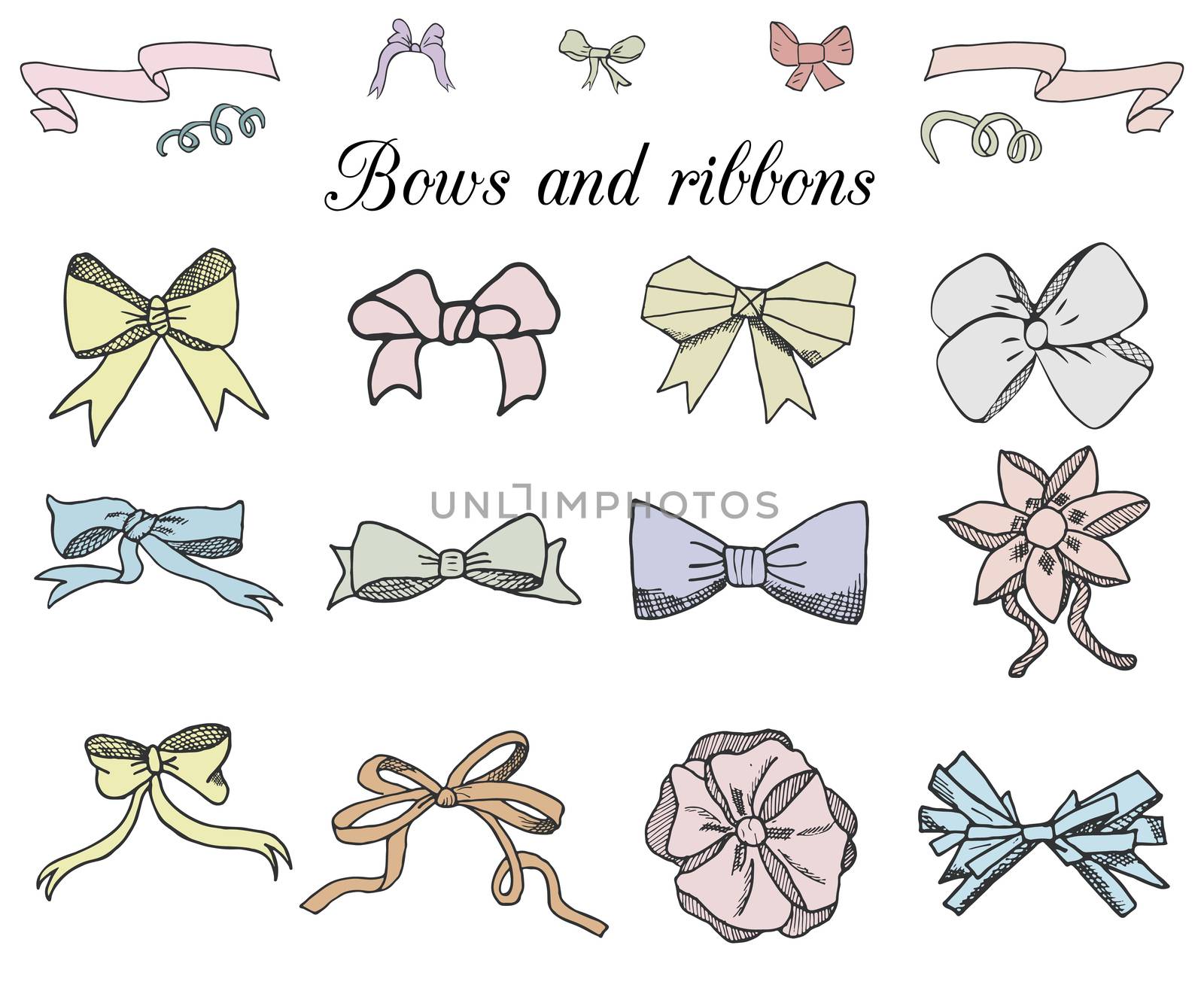 Hand drawn ribbons and bows set vector illustration. A collection of sketchad doodle graphic ribbons and bows, design elements set colored isolated.