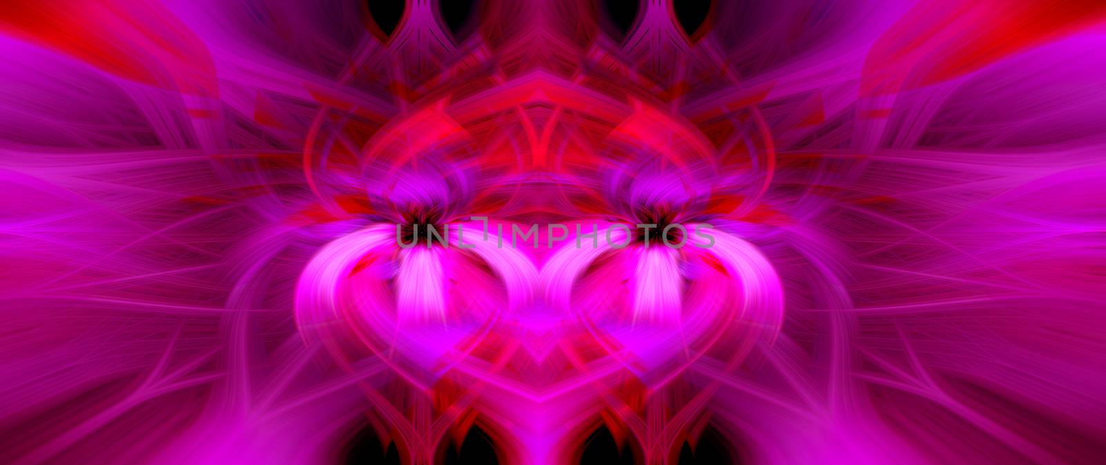 Beautiful abstract intertwined 3d fibers forming a shape of sparkle, flame, flower, interlinked hearts. Pink, purple, maroon and red colors. Illustration. Banner and panorama size. by DamantisZ