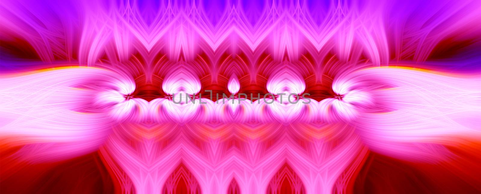 Beautiful abstract intertwined 3d fibers forming a shape of sparkle, flame, flower, interlinked hearts. Pink, purple, maroon and red colors. Illustration. Banner and panorama size. Banner and panorama size.