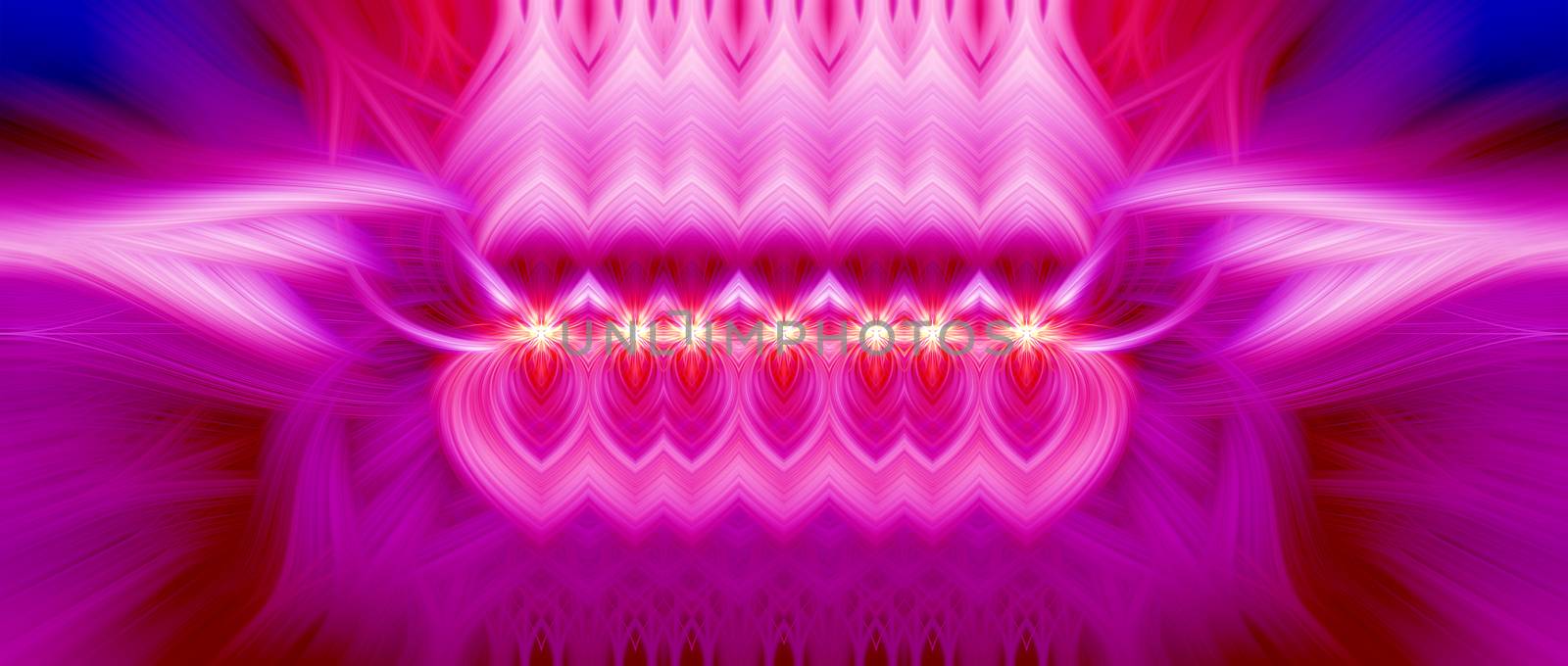 Beautiful abstract intertwined 3d fibers forming a shape of sparkle, flame, flower, interlinked hearts. Pink, purple, maroon, red, and blue colors. Illustration. Banner and panorama size.