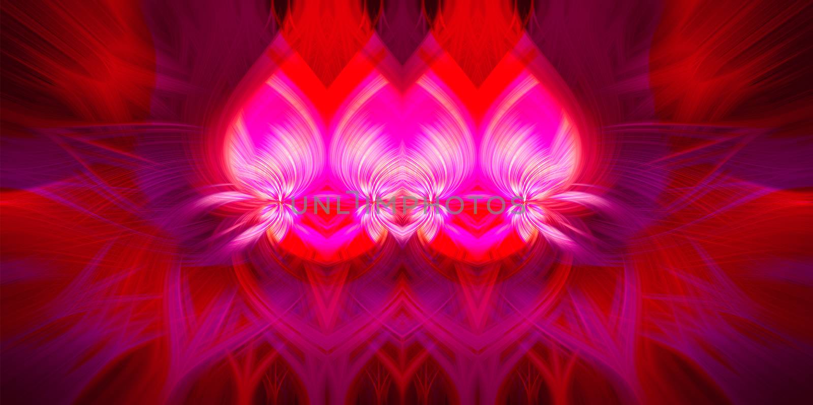 Beautiful abstract intertwined 3d fibers forming a shape of sparkle, flame, flower, interlinked hearts. Pink, purple, maroon and red colors. Illustration. Banner and panorama size. by DamantisZ