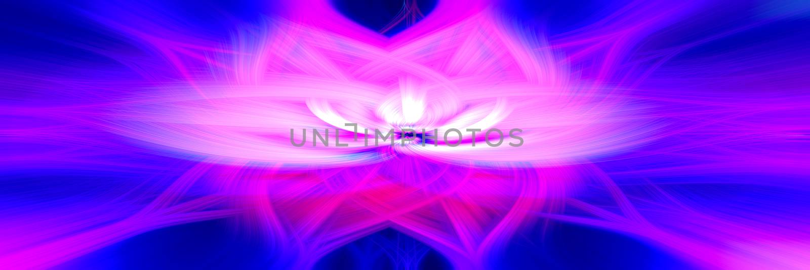 Beautiful abstract intertwined 3d fibers forming a shape of sparkle, flame, flower, interlinked hearts. Pink, purple, and blue colors. Illustration. Banner and panorama size. by DamantisZ
