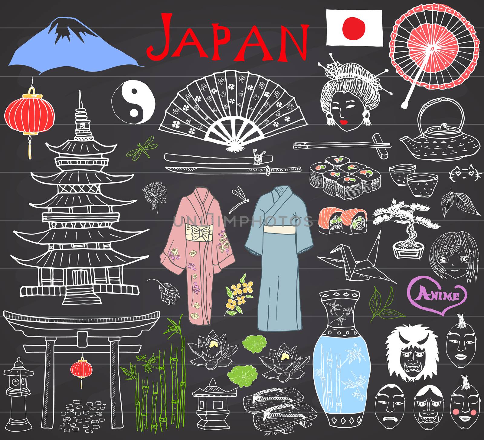 Japan doodles set. Hand drawn sketch vector illustration