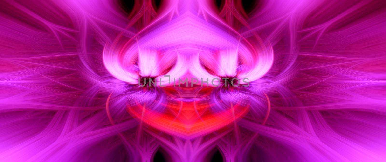 Beautiful abstract intertwined 3d fibers forming a shape of sparkle, flame, flower, interlinked hearts. Pink, purple, maroon and red colors. Illustration. Banner and panorama size. by DamantisZ