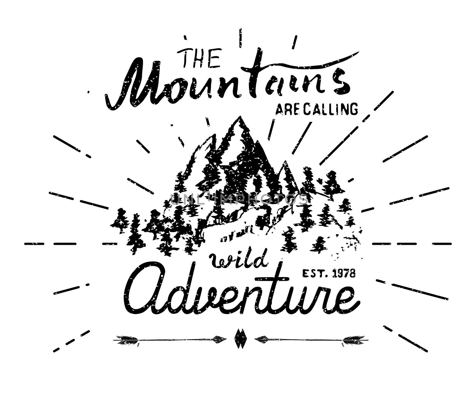 Mountains handdrawn sketch emblem. outdoor camping and hiking activity, Extreme sports, outdoor adventure symbol, vector illustration on grunge background.