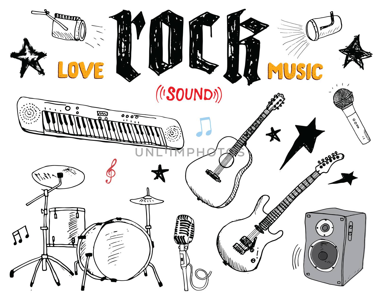 Music Instruments Set. Hand Drawn Sketch, Vector Illustration Isolated