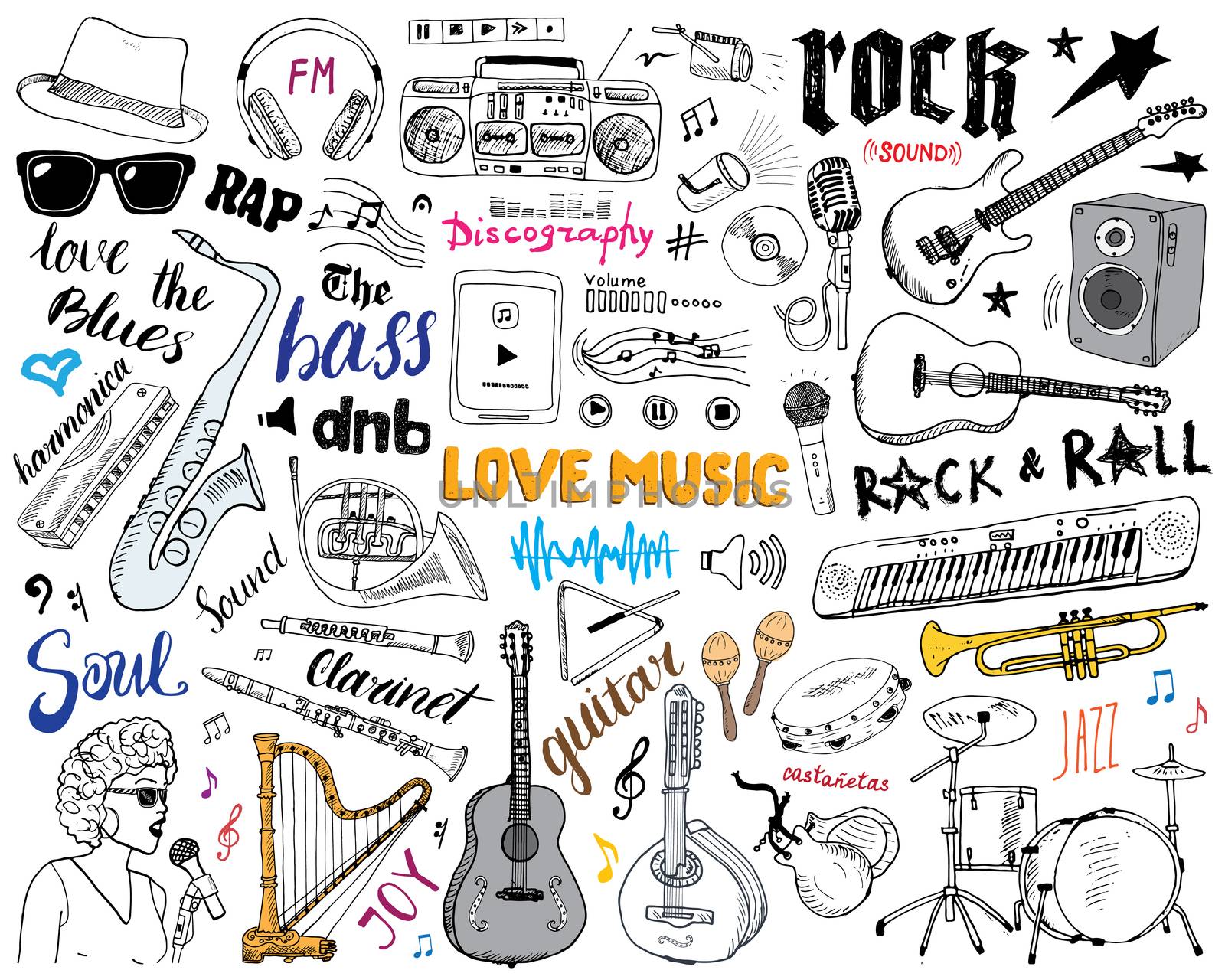 Music Instruments Set. Hand Drawn Sketch, Vector Illustration Isolated