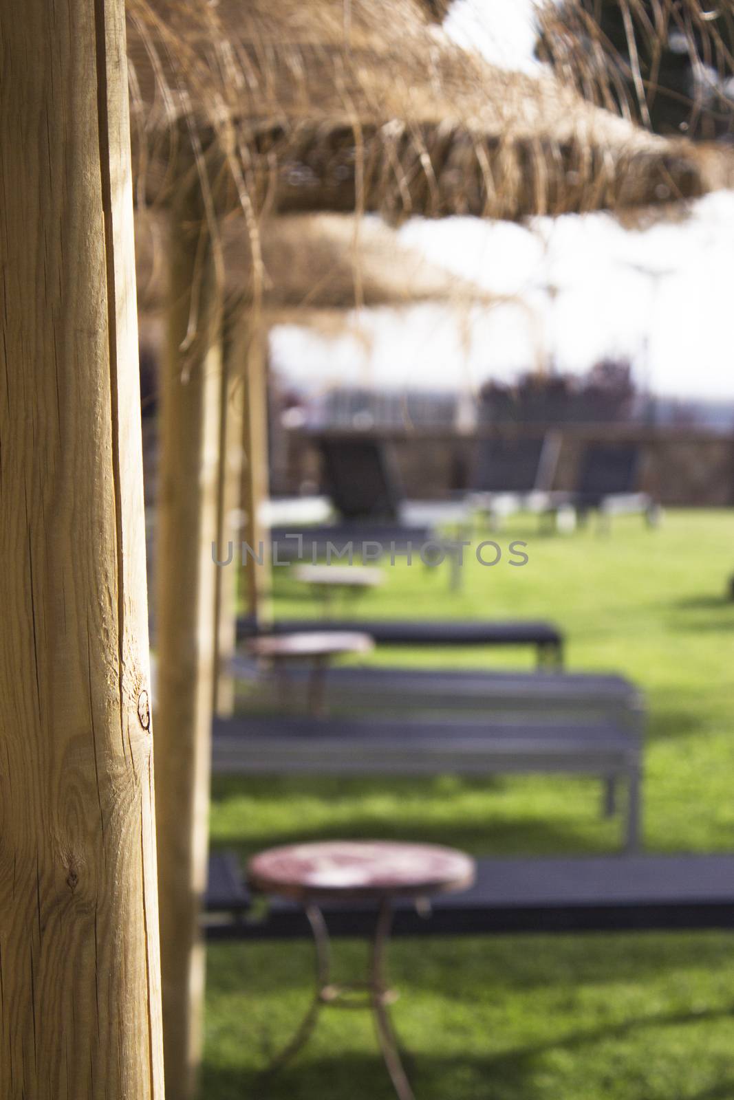 Sun loungers on the lawn. Straw umbrellas. No people