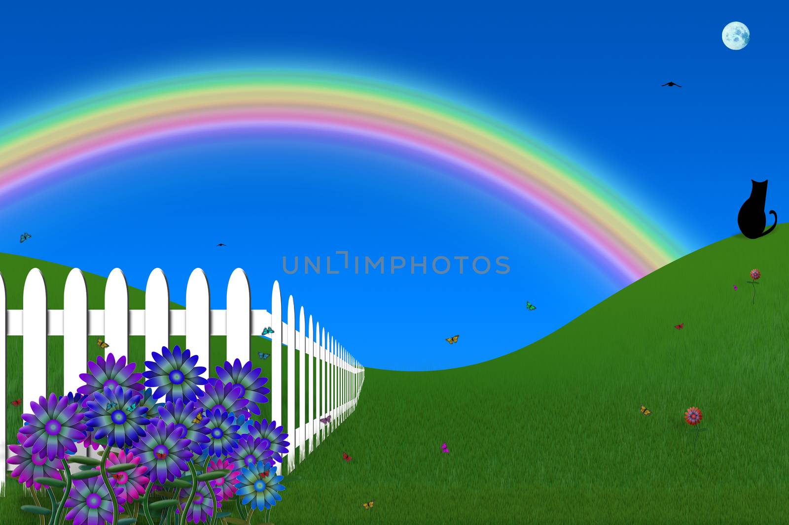 Vivid backyard with white fence and rainbow. 3D rendering